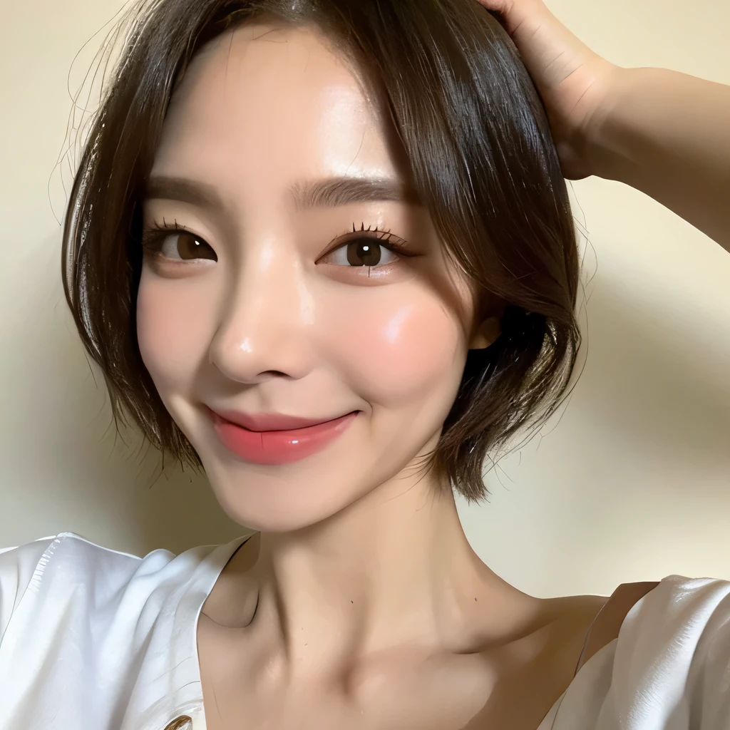 ((highest quality, 8k, masterpiece: 1.3)), sharp focus: 1.2, beautiful woman with perfect figure: 1.4, slim abs: 1.2, (short hairstyles,: 1.2)), (wet white button long shirt: 1.3), rain: 1.3, night street: 1.2, wet body: 1.1, night、 Highly detailed face and skin texture, fine eyes, double eyelid, big breasts, smile, Show your collarbone、beautiful clavicle、Berry Short、shortcut、