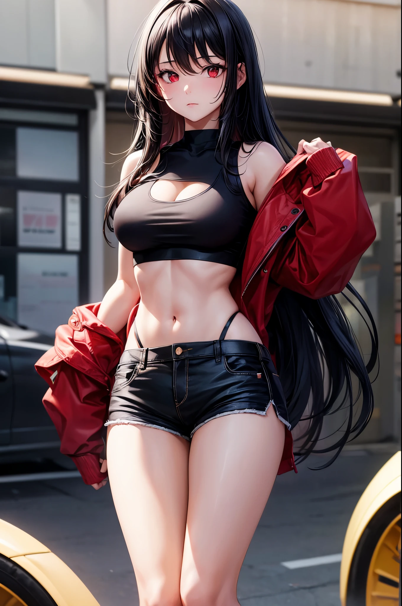 1girl, absurdres, high res, ultrasharp, 8K, masterpiece, looking at viewer, thighs, breasts, crop top, shorts, black hair, long hair, red eyes