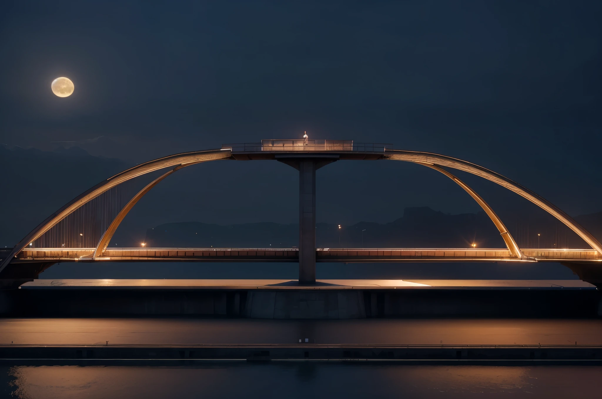 Simulate a bridge over a 40m wide canal. The bridge is designed with stairs going up to the viewing deck above. On the bridge, there are cars running back and forth, creating a vibrant and bustling atmosphere of urban traffic. The viewing angle will be the front 3/4 of the bridge, so viewers can see both the structure of the bridge and the surrounding perspective. Night lighting will create a warm and inviting space, with illuminated street lights reflecting on the water under the bridge. A top-down view will also be shown, so viewers can see the structure Overall view of the bridge and surrounding elements from a novel perspective. Models of sections of the bridge will also be displayed, helping viewers better understand the structure and technical details of the building. Rayon rendering The moon is added to create a romantic and mysterious atmosphere in the evening. The 2D side view will provide a detailed overview of the bridge's design details and surrounding perspective.