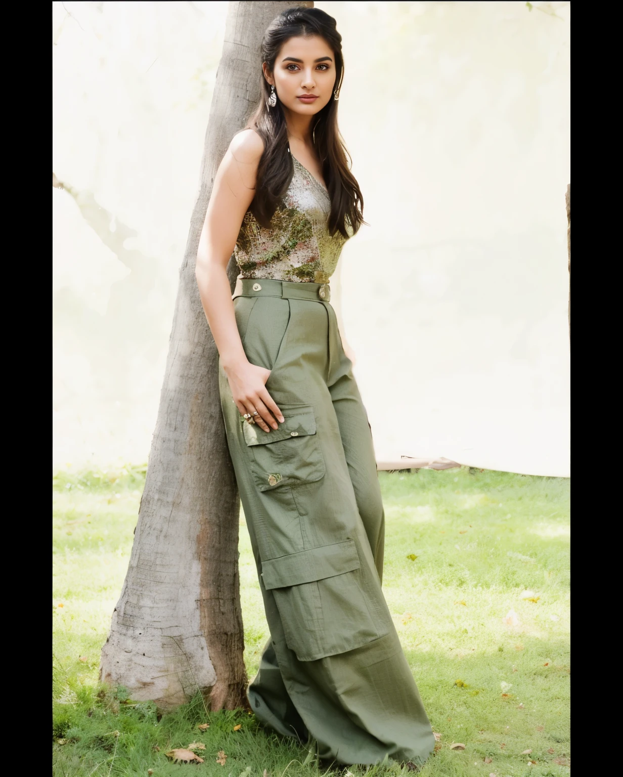 araffe woman in a green dress leaning against a tree, actress, waist high, wearing an elegant tribal outfit, with a thin waist, wearing cargo pants, army girl outfit, with a tall tree, with a cool pose, full body photogenic shot, ww2 era, print ready, full body length, with lovely look, with an intricate, stylish pose