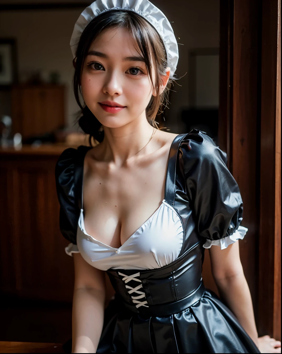 there is a woman in a black and white dress posing for a picture, gorgeous maid, maid outfit, maid, maid服, maid服の素材 黒のレザー 白の綿素材, maid dress, anime girl in a maid costume, wearing maid uniform, maid costume, a sexy maid in a magical forest, french maid, catboy cosplay! maid! dress, gorgeous chinese model, Atsuko Kudo wearing latex costume, NSFW,