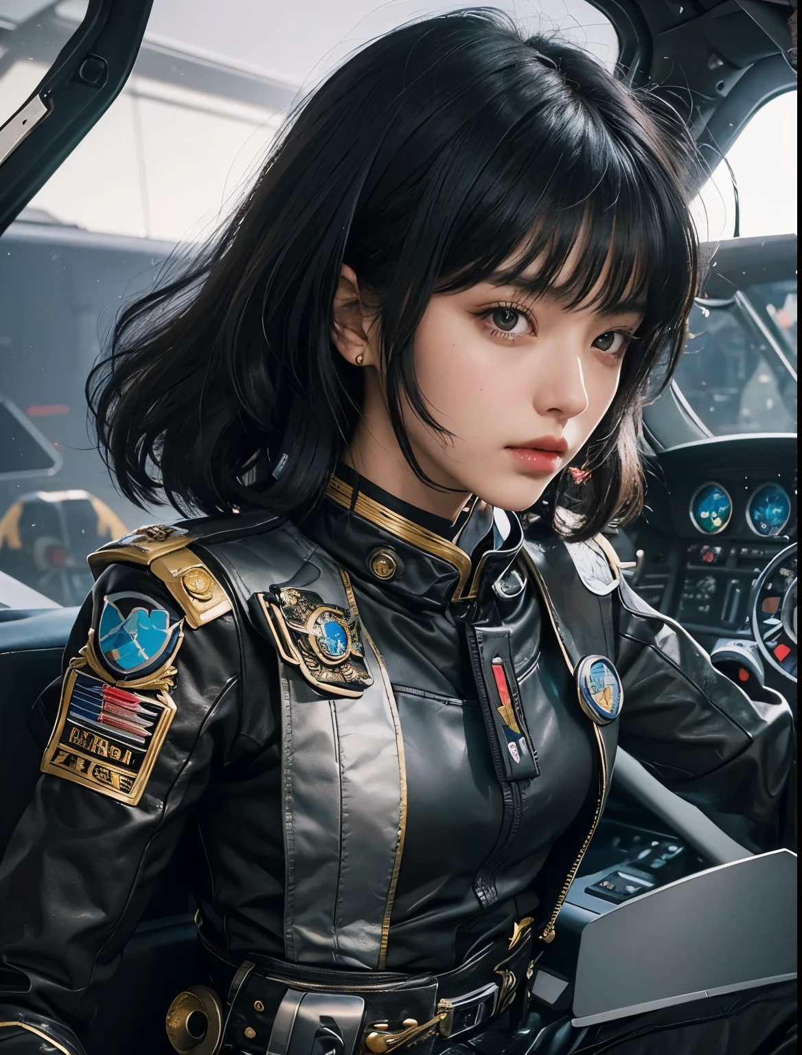 A beautiful woman sits in the cockpit of a small space fighter. Black hair. Her bangs are cut straight across her forehead. Twenty years old. She wears a black metallic battle uniform. There is something on his waist that is reminiscent of Kamen Rider's transformation belt. She is staring at the cockpit panel with a grim expression on her face.