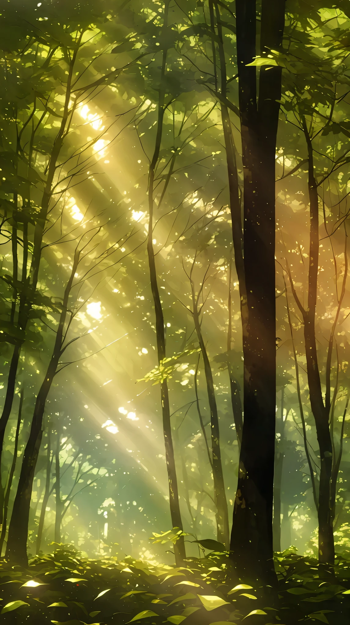  This photograph captures the ethereal beauty of a forest under the light, showcasing the Tyndall effect. As the sun shines through the trees, water vapor creates a mystical atmosphere. The distant glow adds to the intrigue of this enchanted forest, making it a perfect setting for exploration and adventure.