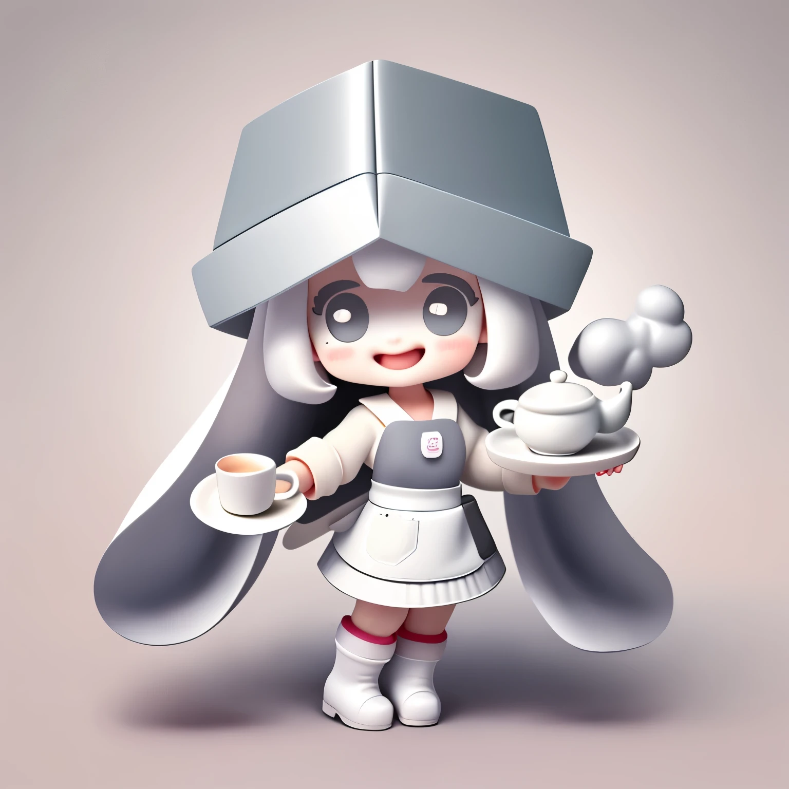 Bubble Mart blind box style,A cute little girl who loves to laugh,Holding hot tea and cup,Wearing a white box-shaped hat,princess cut hairstyle,Off-white hair,Wearing dark gray skirt and boots,Wearing a small apron