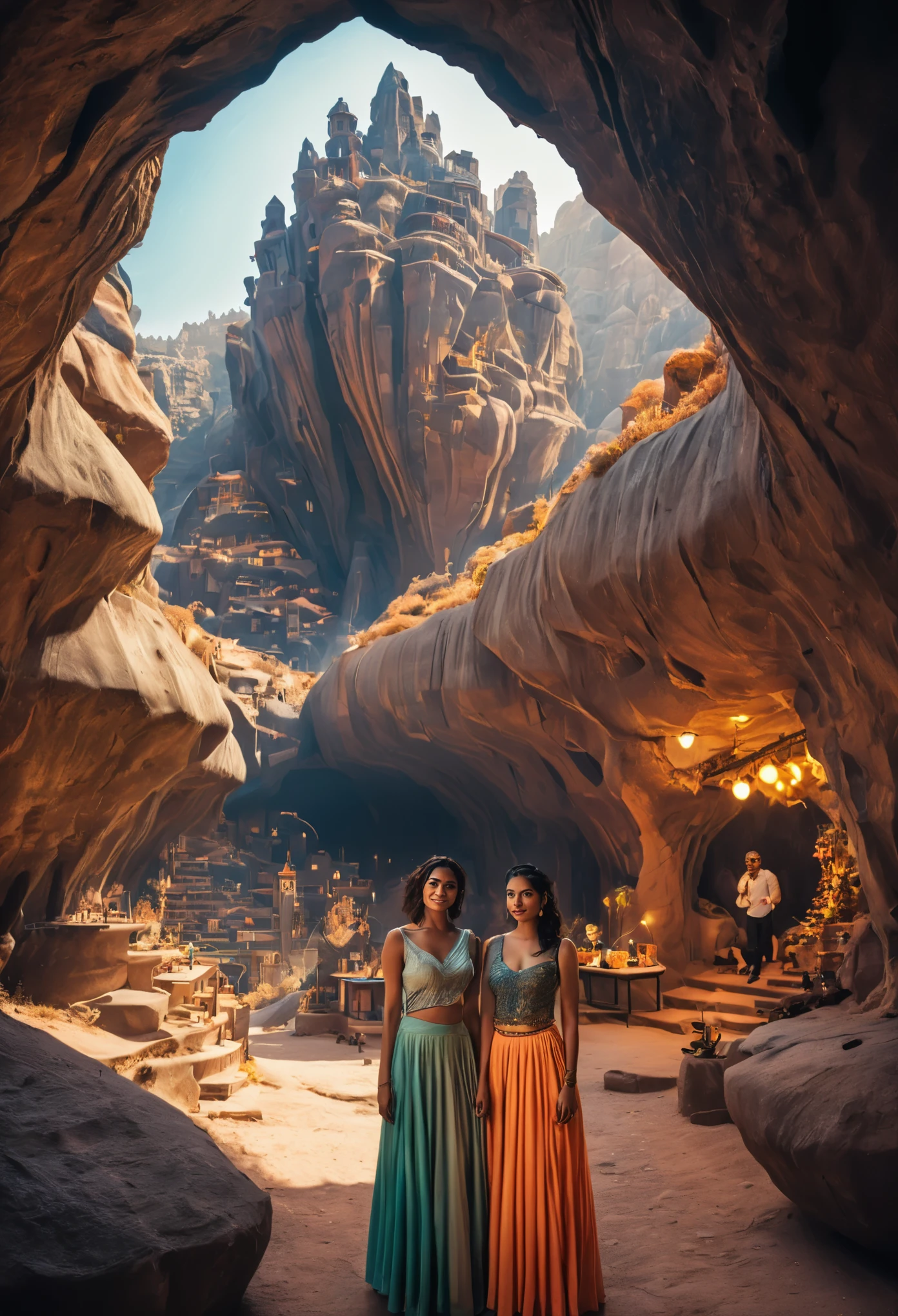 happy taking selfie friends shopping bag trying indian ethnic lehenga in dress shop background crowded street bazaar in underground cave city, underground caves in dark gray, rocky surface which is covered with a thick layer of dust, futuristic sci-fi masterpiece, cybernetic residential beehive pod architecture designs carved inside Badlands National Park caves , realistic ,intricate, detailed ,modern, neo cave centric design,rocks,waterfalls,desert caves, organic futurism, indigenous futurism,futuristic vision, architecture styles of Rem Koolhaas,Daniel Libeskind, Jean Nouvel, Paolo Soleri, upstairs, balconies, futuristic facades, trending on art station, beautiful lighting, fantasy, intricate, 4k, highest quality render model:Real , heart shaped architecture ((masterpiece)),((best quality)),((high detail)),((realistic,)) Futurist era city, architectural streets, bazaars, cyberpunk, buildings, night, neon, summer, hot desert，Magnificent space image scene heavenly body 8K，super-fine