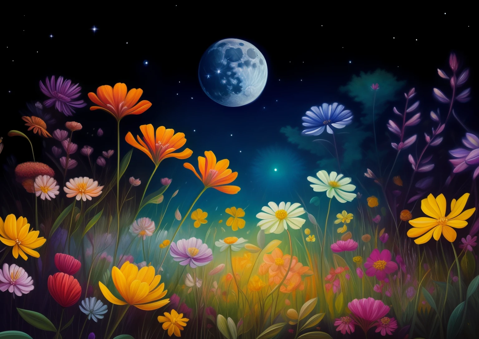 A painting of a flower field with a full moon in the background, Psychedelic Flower Planet, The night sky is full of flowers, Magical colorful flowers, Beautiful art ultra hd 4k, amazing wallpapers, flower field at night, magical flowers, 4k HD wallpapers are very detailed, Moonlight falls on wild flowers, shrubs and flowers. Esau Andrews, psychedelic flowers and trees