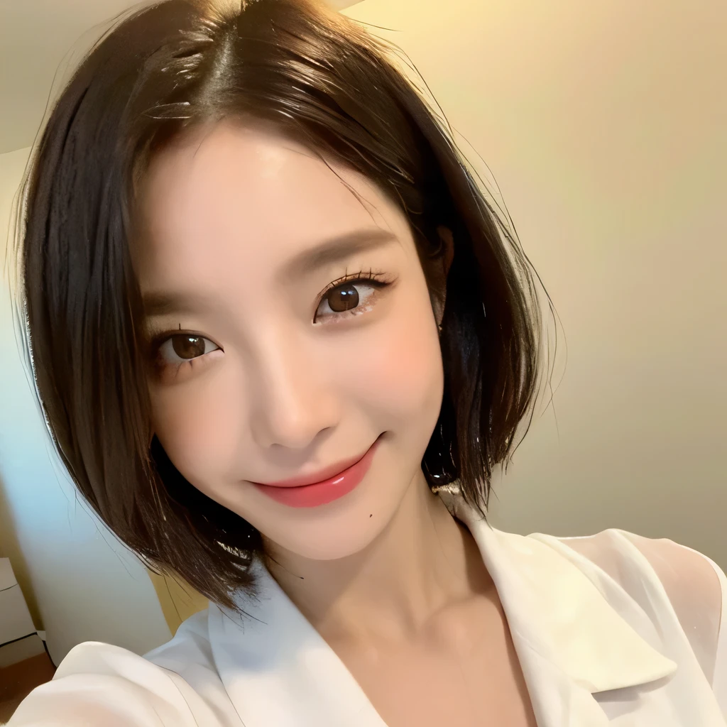 ((highest quality, 8k, masterpiece: 1.3)), sharp focus: 1.2, beautiful woman with perfect figure: 1.4, slim abs: 1.2, (short hairstyles,: 1.2)), (wet white button long shirt: 1.3), rain: 1.3, night street: 1.2, wet body: 1.1, night、 Highly detailed face and skin texture, fine eyes, double eyelid, big breasts, smile, Show your collarbone、beautiful clavicle、Berry Short、shortcut、