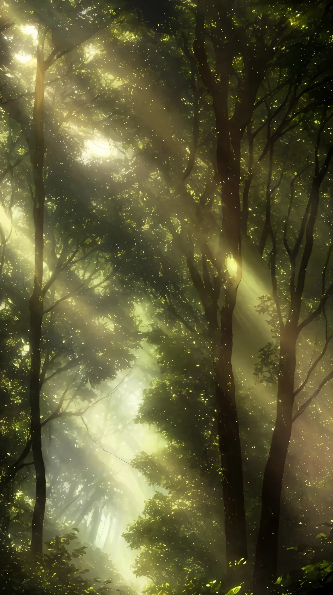 This photograph captures the enigmatic and tranquil beauty of a forest bathed in the ethereal effects of the Tyndall effect. As the sun rises, its rays pierce through the morning mist, casting light on the leaves. The forest is shrouded in a delicate mist, creating an air of mystery and tranquility. The fresh air and poetic scenery evoke the splendor and serenity of nature.