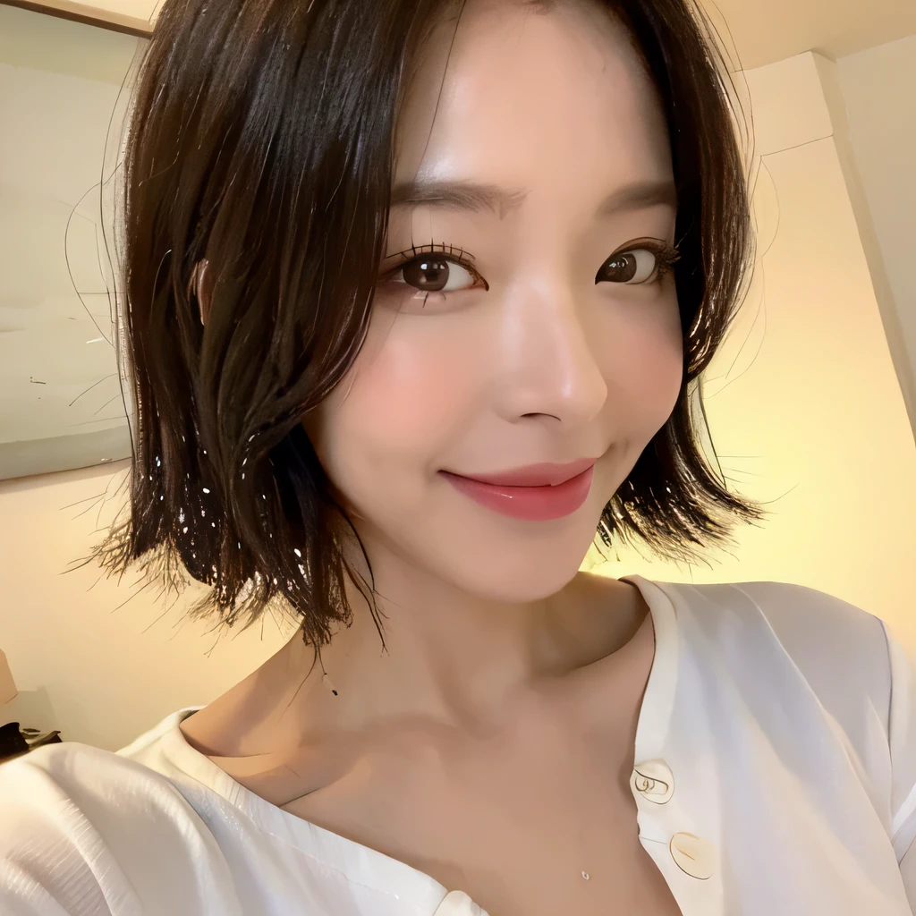 ((highest quality, 8k, masterpiece: 1.3)), sharp focus: 1.2, beautiful woman with perfect figure: 1.4, slim abs: 1.2, (short hairstyles,: 1.2)), (wet white button long shirt: 1.3), rain: 1.3, night street: 1.2, wet body: 1.1, night、 Highly detailed face and skin texture, fine eyes, double eyelid, big breasts, smile, Show your collarbone、beautiful clavicle、Berry Short、shortcut、