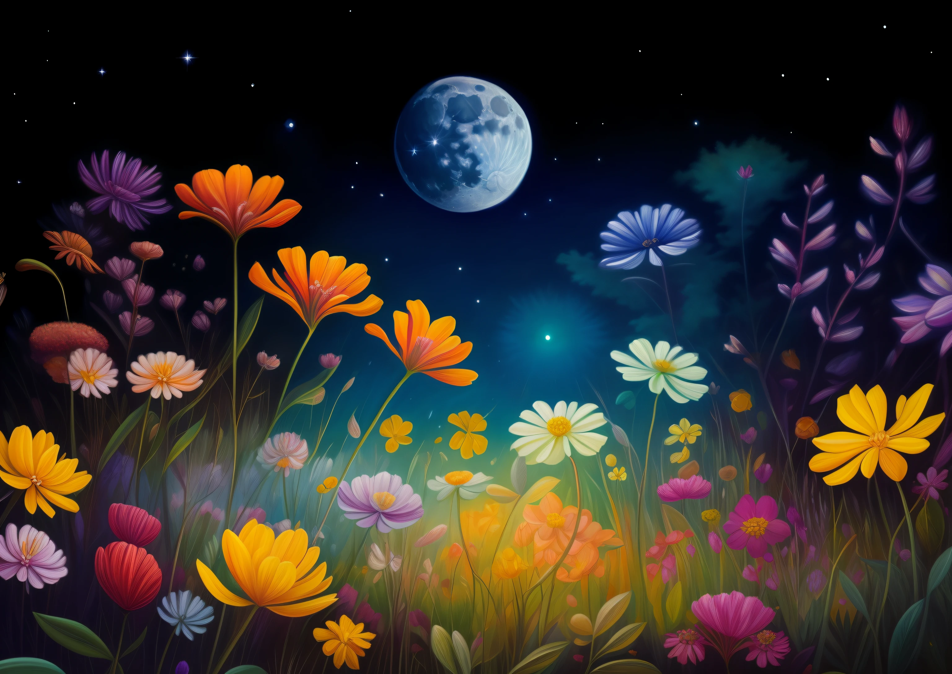 Flower field painting with full moon background, Psychedelic Flower Planet, The night sky is full of flowers, Magical colorful flowers, Beautiful art ultra hd 4k, Amazing wallpapers, flower field at night, magical flowers, 4K HD wallpapers are very detailed, Moonlight falls on wild flowers, shrubs and flowers. Esau Andrews, psychedelic flowers and trees