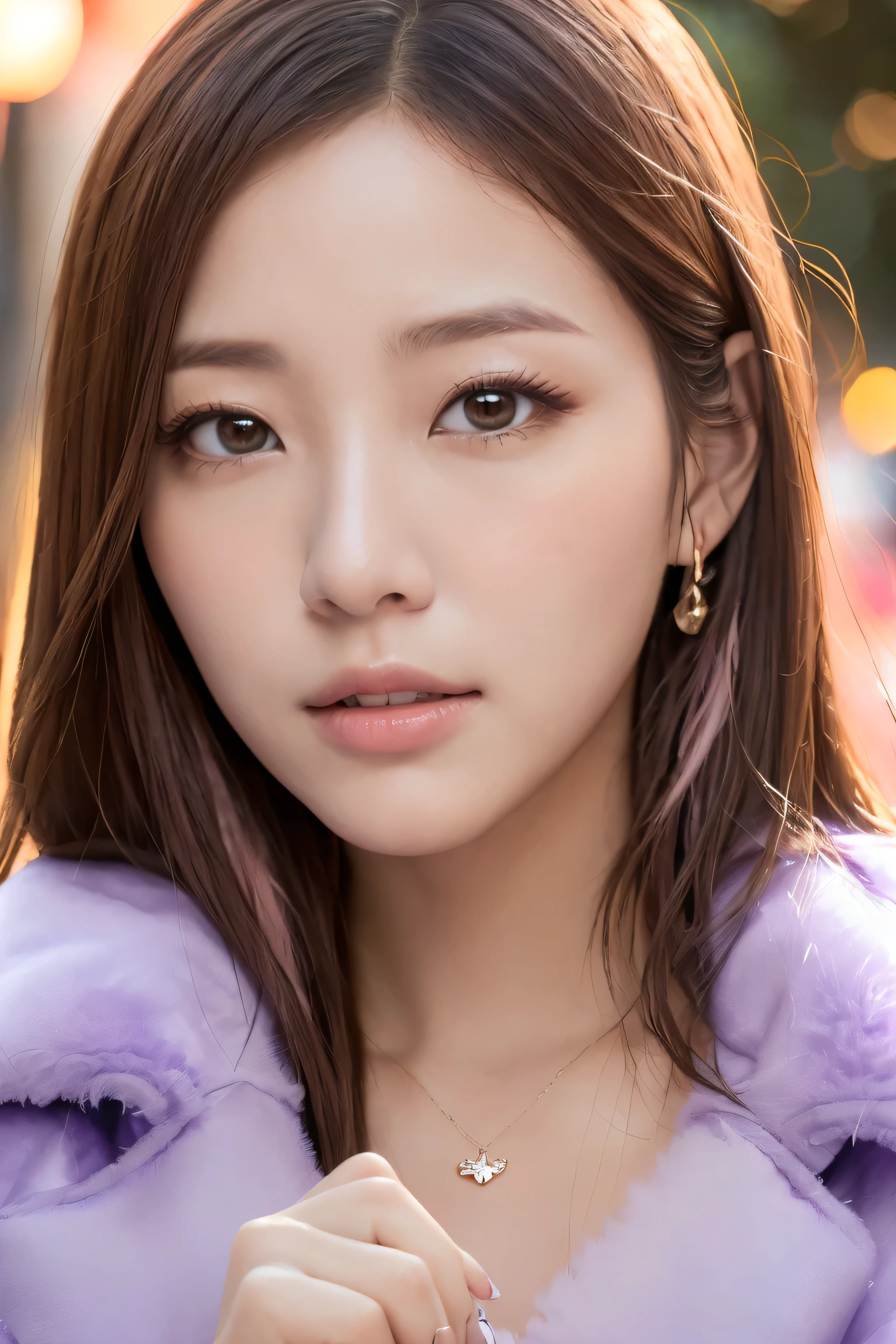 //quality
(masterpiece:1.3, realistic, photo-realistic:1.37, RAW photo), High resolution, super detailed, Highly detailed CG Unity 8k wallpaper, beautiful and detailed face, fine cloth texture, detailed hair texture, perfect proportions, beautiful face, Accurate, anatomically correct, Highly detailed face and skin texture, natural neck length, firm skin, (beautiful hands, beautiful fingers, beautiful light blue nails), (7 perfect body shape), (small shiny necklace and earrings),
break
//exterior
(((1 girl:1.3, alone:1.3, 24-years-old:1.3))), ((neat:1.5)),
fine eyes, symmetrical eyes, light brown eyes, double eyelid, thin eyebrows, (glossy lips:1.4), (Fair skin:1.3), thin legs, thin legs, white skin, realistic skin,
((big breasts:1.3)), (firm chest, well-shaped chest, beautiful clavicle, slender body shape:1.2),
((layered hairstyles, wavy hair, dark brown hair, medium long hair):1.2), ((light pink inner hair:1.5))
break
(luxurious dress((very bright blue-purple:1.2), high quality silk dress, (Oversized fluffy coat:1.2), (very tight)):1.3), (white short boots:1.2),
break
//angle
((focus on the face:1.2)), ((close up shot:1.3)),
//place
(On the night street along the park:1.3),
//effect
(calm color background:1.2), ((Depth of the bounds written:1.3)), (chiaroscuro, cinematic lighting:1.2), (Bokeh:1.2), (Light and shadow:1.3),
break
((Station front at night, She gently wraps her hands around the lens., As if asking a lover for a kiss. Let's take a photo of the moist eyes and enchanting expression from the front., Let's take wonderful photos that move the hearts of those who see them.):1.5),