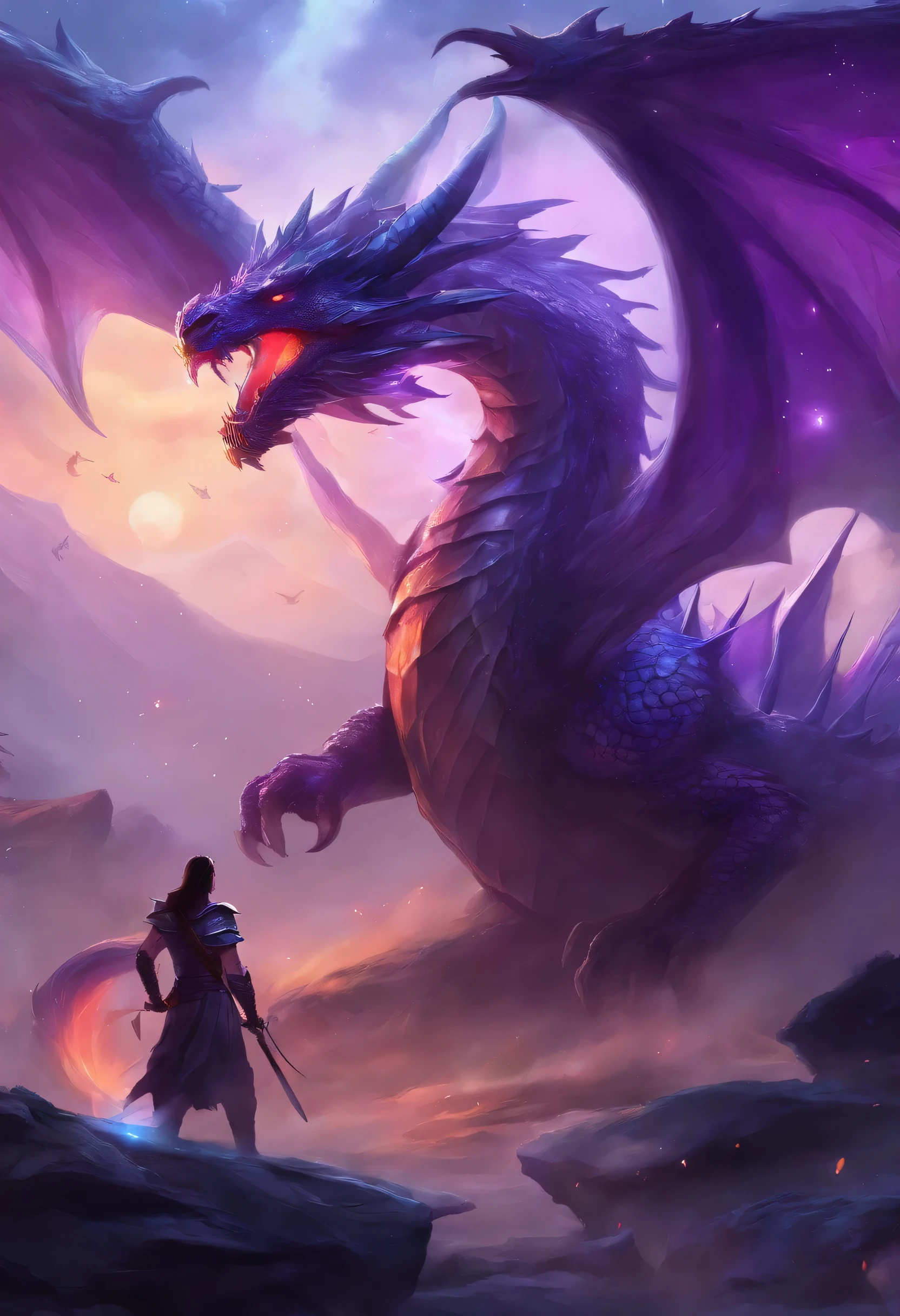 fight with dragon,purple, rain, warrior, theme, long sword, sword, current, like, beam, monster, three people, struggle, violent art style, dragon background,ultra high definition, high quality, high detail, textured skin, best quality