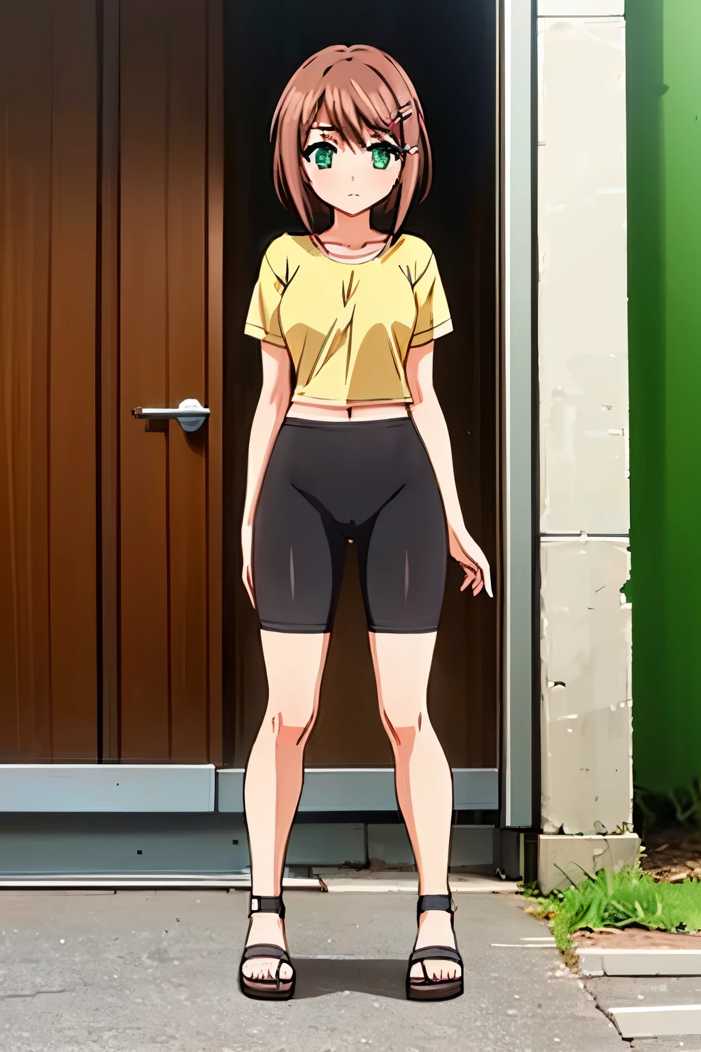 1girl, perfect face, hdr, moemiv1, brown hair, short hair, hairclip, green eyes, medium_breast, long shirt, crop shirt, tucked shirt, yellow shirt, short_sleeves, bike_shorts, pov, white socks, brown sandals, full body, standing,