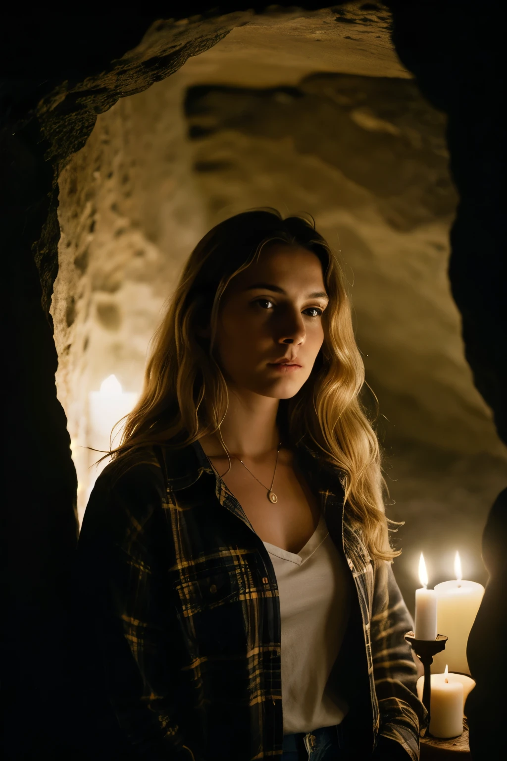 fotografia de uma mulher, (disturbed facial expression), Pele Texturizada, arrepio, cabelo loiro afro, plaid flannel shirt with boyfriend jeans, tiro de vaqueiro, dark and mysterious cave with unique rock formations and hidden wonders, Olhos perfeitos, (luz de velas,claro-escuro), Suporte de 160 cores, filmado em ARRI ALEXA 65, bokeh, sharp focus on the subject, filmado por Don McCullin