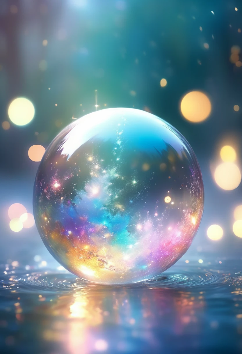 Image: Tyndall Effect Descriptive keywords: Iridescent, scattering of light, colorful, ethereal Photographic style: Abstract photography with soft focus and bokeh effects Tone: Dreamy and whimsical Object: A translucent sphere emitting vivid colored light particles Action: Floating serenely in a misty atmosphere, creating a mesmerizing display of light and colors.