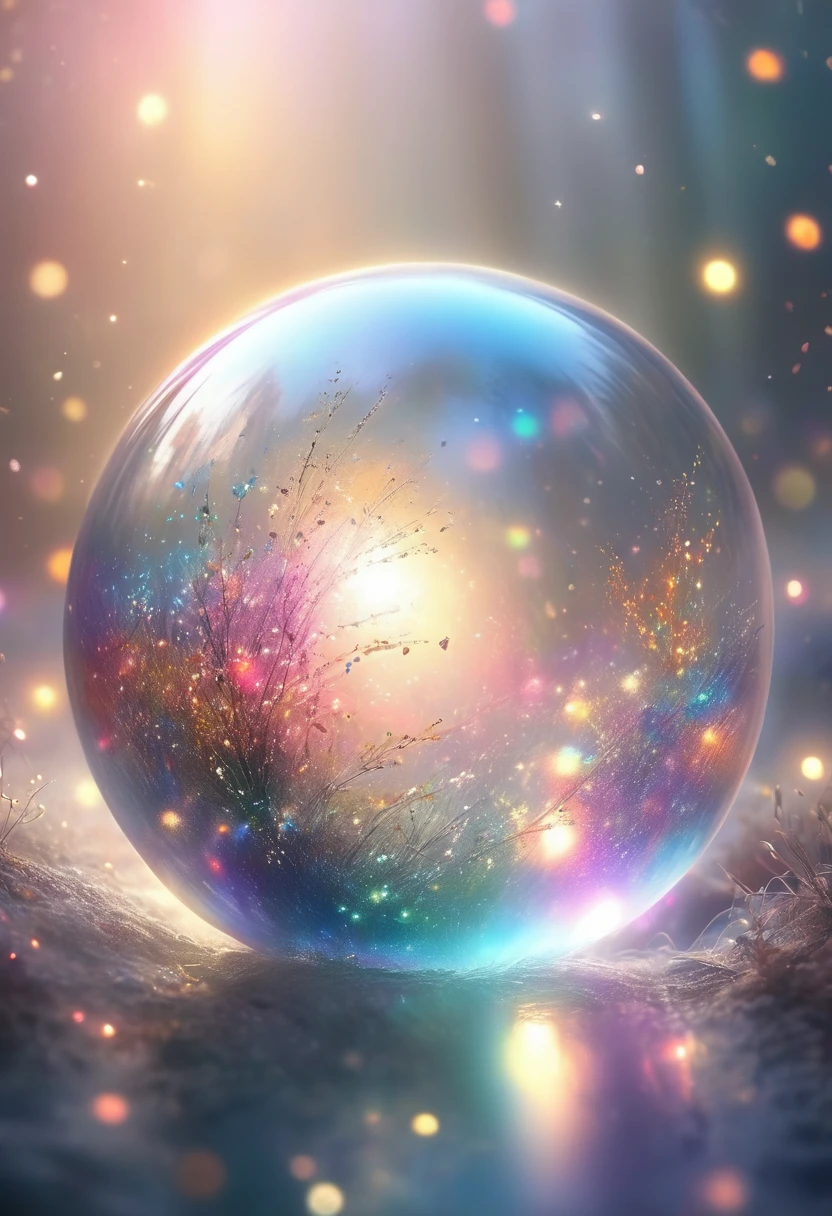 Image: Tyndall Effect Descriptive keywords: Iridescent, scattering of light, colorful, ethereal Photographic style: Abstract photography with soft focus and bokeh effects Tone: Dreamy and whimsical Object: A translucent sphere emitting vivid colored light particles Action: Floating serenely in a misty atmosphere, creating a mesmerizing display of light and colors.