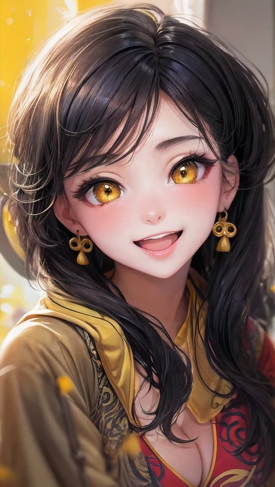 1 Beautiful Chinese-Russian girl,， black hair, big eyes, Smile，open mouth，full，big breasts，glowing eyes, Various styles, skirt, open lips,dynamic poses， yellow background