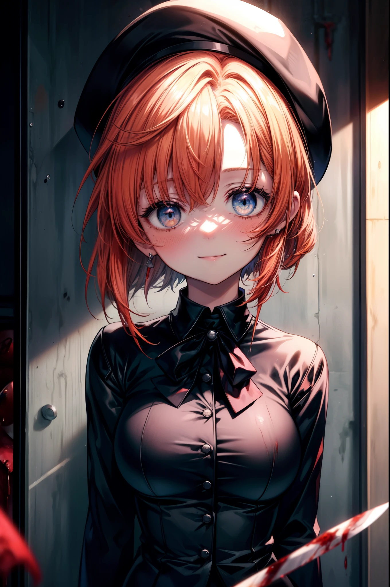 Rena Ryugu, rena ryuuguu, orange hair, short hair, hair blue eyes, smile, grin and laugh,bloody beret,bloody,blood droplets,There was a lot of blood all over the room.,creepy laughter, dead eyes,Psychopath horror,bloody clothes,blood drops,Spooky,Murder scene, serial killer, bathed in blood,Clothes with blood on them，black suit jacket with blood on it, bloody collared jacket,Bloodstained white dress shirt, shirt with blood on the collar, neckline, button, strap, ID card on neck, bloody black pencil skirt,bloody black pantyhose, looking at the viewer, big breasts,holding a bloody knife grip,
break looking at viewer,
break indoors, office,
break (masterpiece:1.2), highest quality, High resolution, unity 8k wallpaper, (figure:0.8), (detailed and beautiful eyes:1.6), highly detailed face, perfect lighting, Very detailed CG, (perfect hands, perfect anatomy),