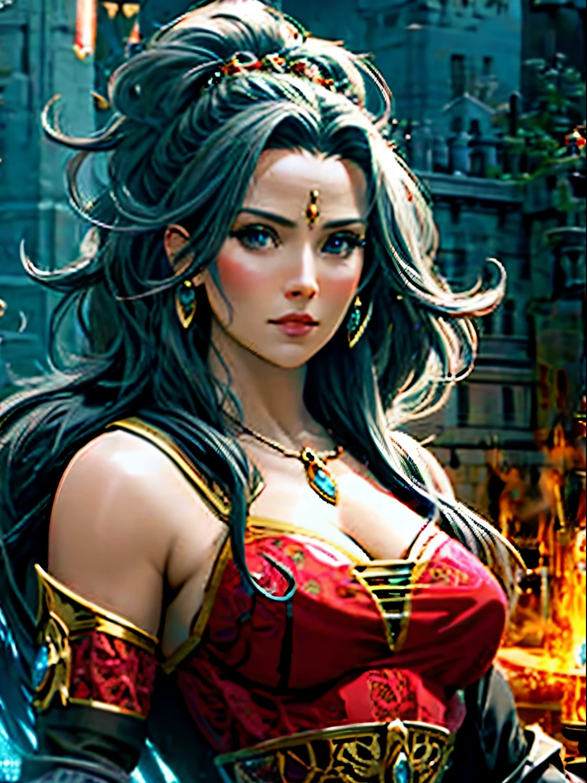 game design, warrior princess, terra branford, serious expression, master part, best quality, ultra-detailed, young, Beautiful cinematic lighting, intricate details, Looking at the Viewer, Depth of field-AR 2:3 -s 200