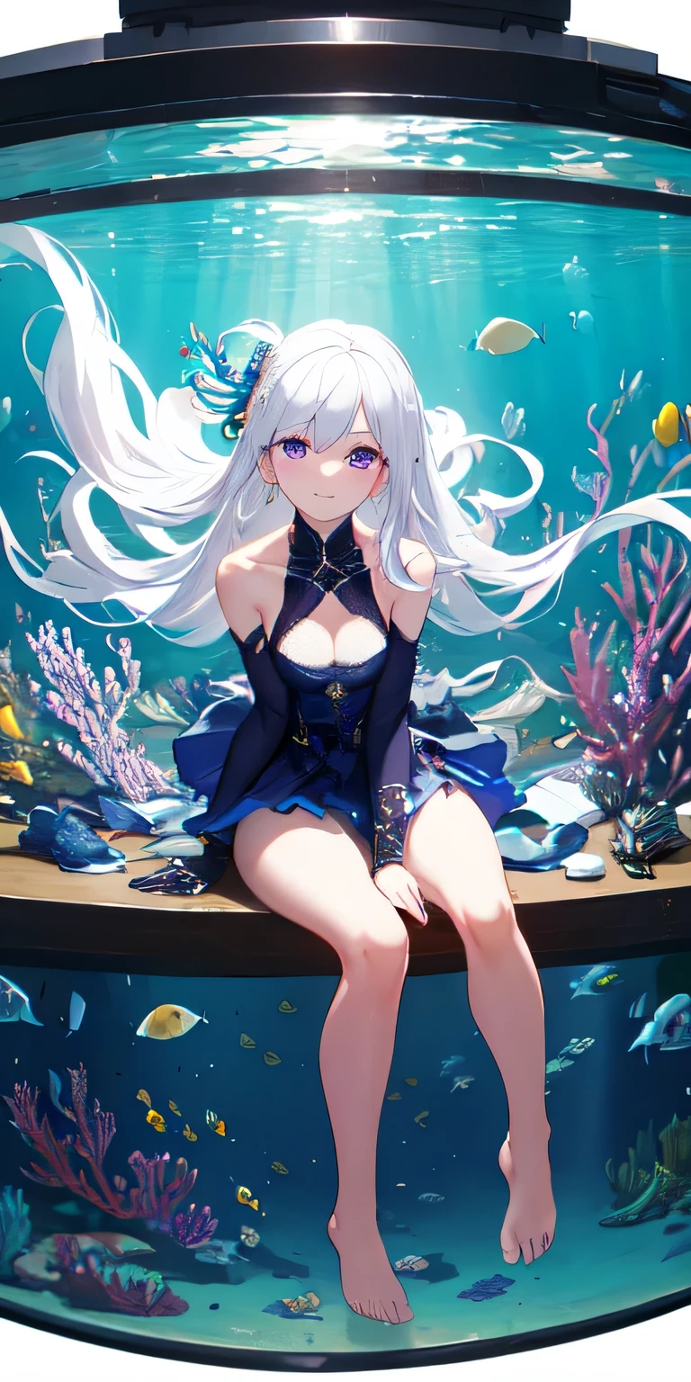 [(Transparent Background:1.5)::5],(((masterpiece))),(((best quality))),(((Very detailed))),illustration, 1 girl,alone,mystery,bright colors,Shiny, underwater透明密封半球形玻璃穹頂, (white hair),(purple eyes), whole body,barefoot,Long and natural hair, Require,underwater, dome,close up,dynamic action,camera angle,(((Box composition))),Sit cross-legged，leaning on bookshelf, Volumetric lighting, multi-colored eyes, exquisite eyes, super detailed,faint smile, Very detailed, beautiful, substance, super detailed, best quality, complicated, 4k, 8k, Popular topics on Artstation, good anatomy, beautiful lighting, Award-winning,