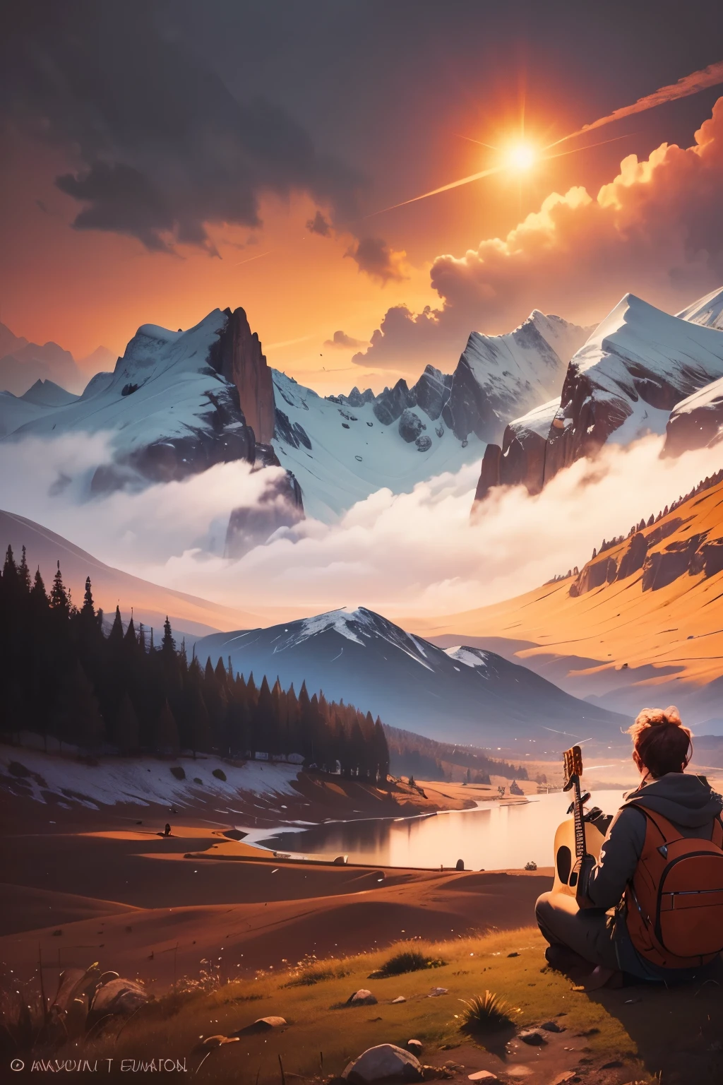 You pick up the guitar and start playing a few notes, hearing the sound resonate in the mountains around you. You feel at peace and in harmony with the nature around you. And as you play, the sun begins to set, bathing the landscape in orange and red hues. It's an unforgettable moment, and you feel grateful to have had the opportunity to witness so much natural beauty. --auto --s2