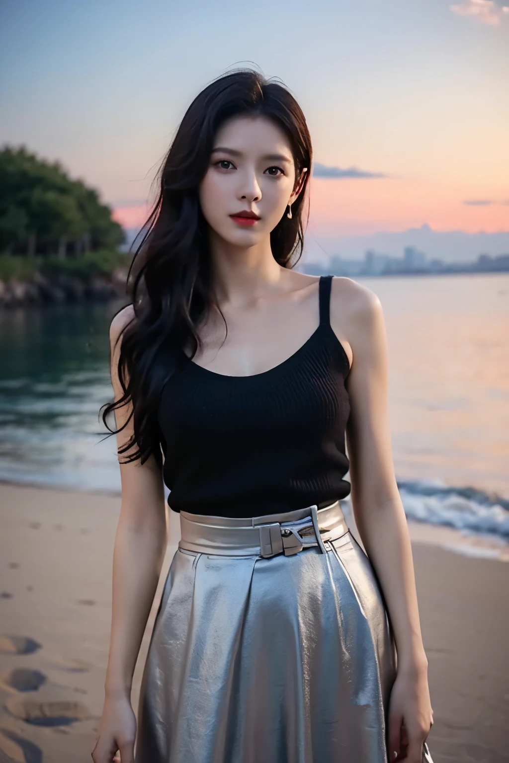 Realiy，8K，ultra high resolution，Front light，rays of sunshine，suns，photographed，(the sea，sandbeach，visitor，Iot，sea shell，Kayaking，baiyun)，cotton candy， Female celebrities，long whitr hair，(Sweaters，long  skirt:1.2)，sleeveless,Hair_decorations, (Solo,solo person), Lace long gloves，jewelry，sash, Looking_at_peeping at the viewer, Bigchest，tight-fitting，(A half body，中景 the scene is)，Face lighting