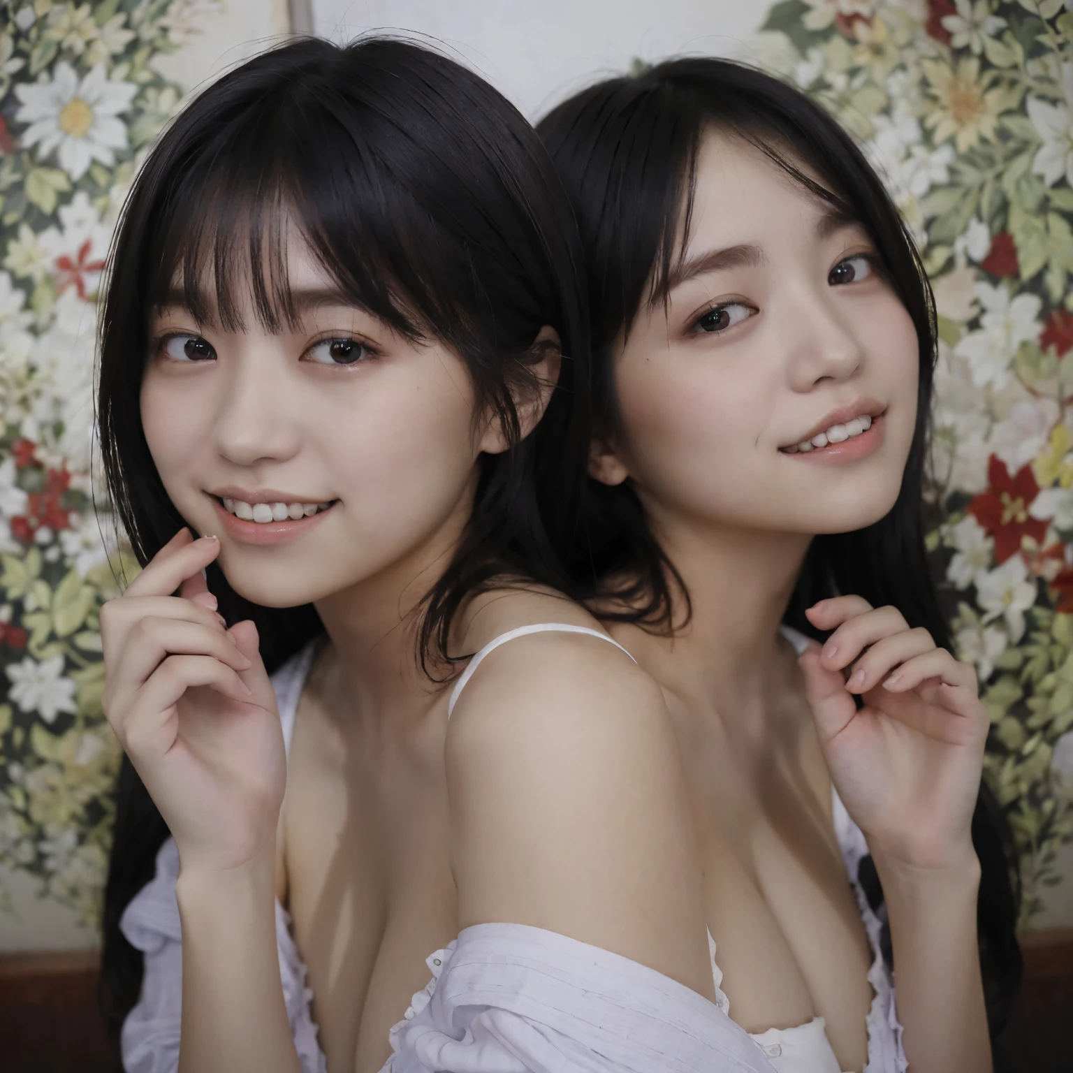 (Raw photo、highest quality)、(realistic、Photoreal:1.3)、(identical twin sisters:1.6)、masterpiece、very delicate and beautiful、very detailed、nffsw、unity、8k、amazing、Detailed details、super detailed、High resolution、absurd、soft light、（black haired、short hair、curly hair、messy hair、bangs）、detailed beautiful girl、finger details、very detailed目と顔、beautifully detailed nose、beautiful and fine eyes、（light shines on your face）、looking at the viewer、（closed）、cute、young、Adult-like appearance、white skin、(Half body:1.3、Sitting )、lifelike face、realistic body、beautiful thighs、black shirt、(half laugh:1.3)