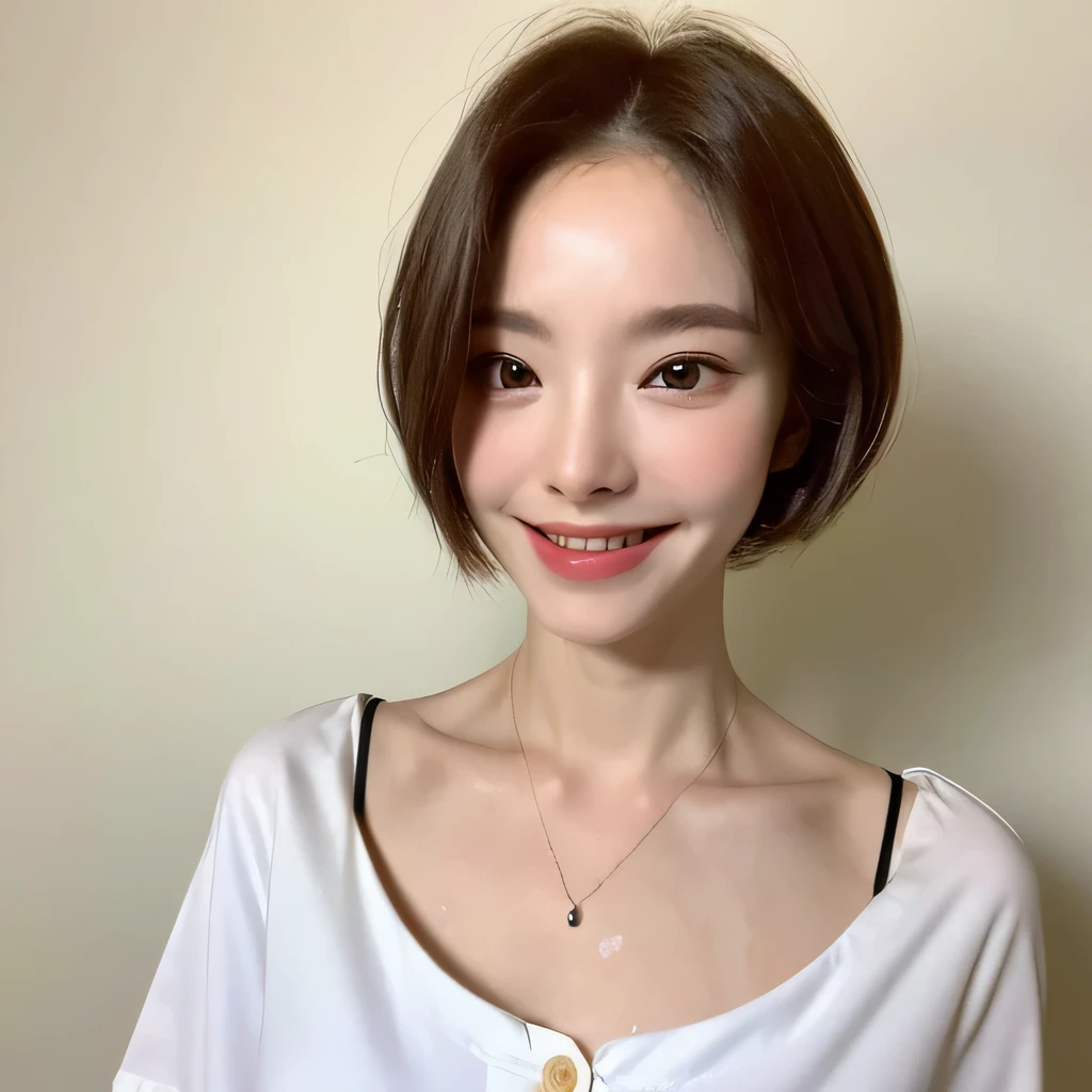 ((highest quality, 8k, masterpiece: 1.3)), sharp focus: 1.2, beautiful woman with perfect figure: 1.4, slim abs: 1.2, (short hairstyles,: 1.2)), (wet white button long shirt: 1.3), rain: 1.3, street of night: 1.2, wet body: 1.1, night、 Highly detailed face and skin texture, fine eyes, double eyelid, big breasts, smile, Show your collarbone、beautiful clavicle、Berry Short、
