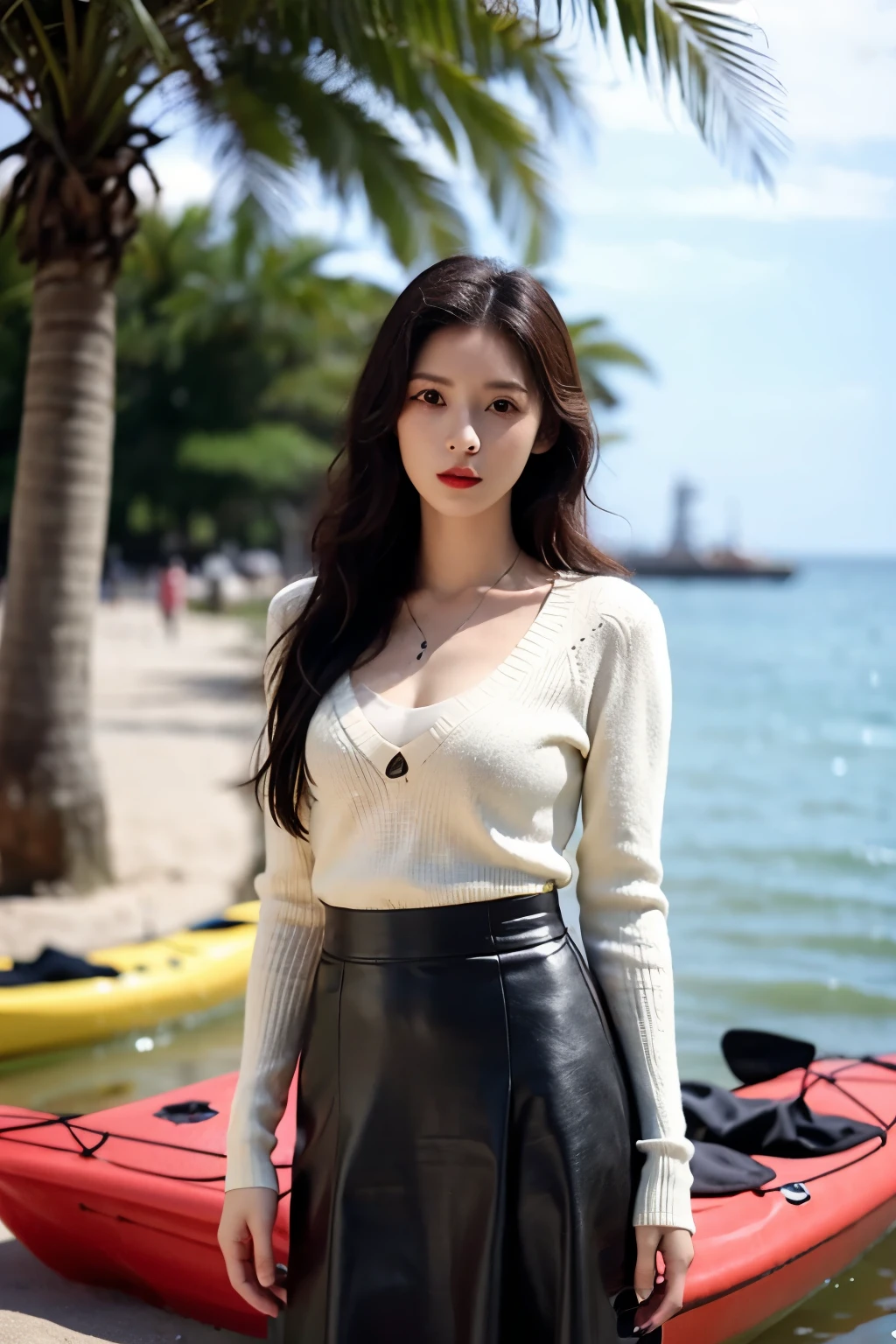 Realiy，8K，ultra high resolution，Front light，rays of sunshine，suns，photographed，(the sea，sandbeach，visitor，Iot，sea shell，Kayaking，baiyun)，cotton candy， Female celebrities，long whitr hair，(Sweaters，long  skirt:1.2)，sleeveless,Hair_decorations, (Solo,solo person), Lace long gloves，jewelry，sash, Looking_at_peeping at the viewer, Bigchest，tight-fitting，(A half body，中景 the scene is)，Face lighting