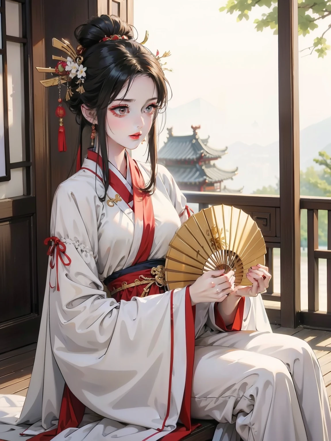 there is a woman in a white shirt holding a fan, white hanfu, palace , a girl in hanfu, chinese style, with acient chinese clothes, chinese girl, elegant japanese woman, hanfu, chinese costume, traditional chinese clothing, traditional chinese, cheongsam, wearing ancient chinese clothes, chinese woman, cute elegant pose, inspired by Huang Ji