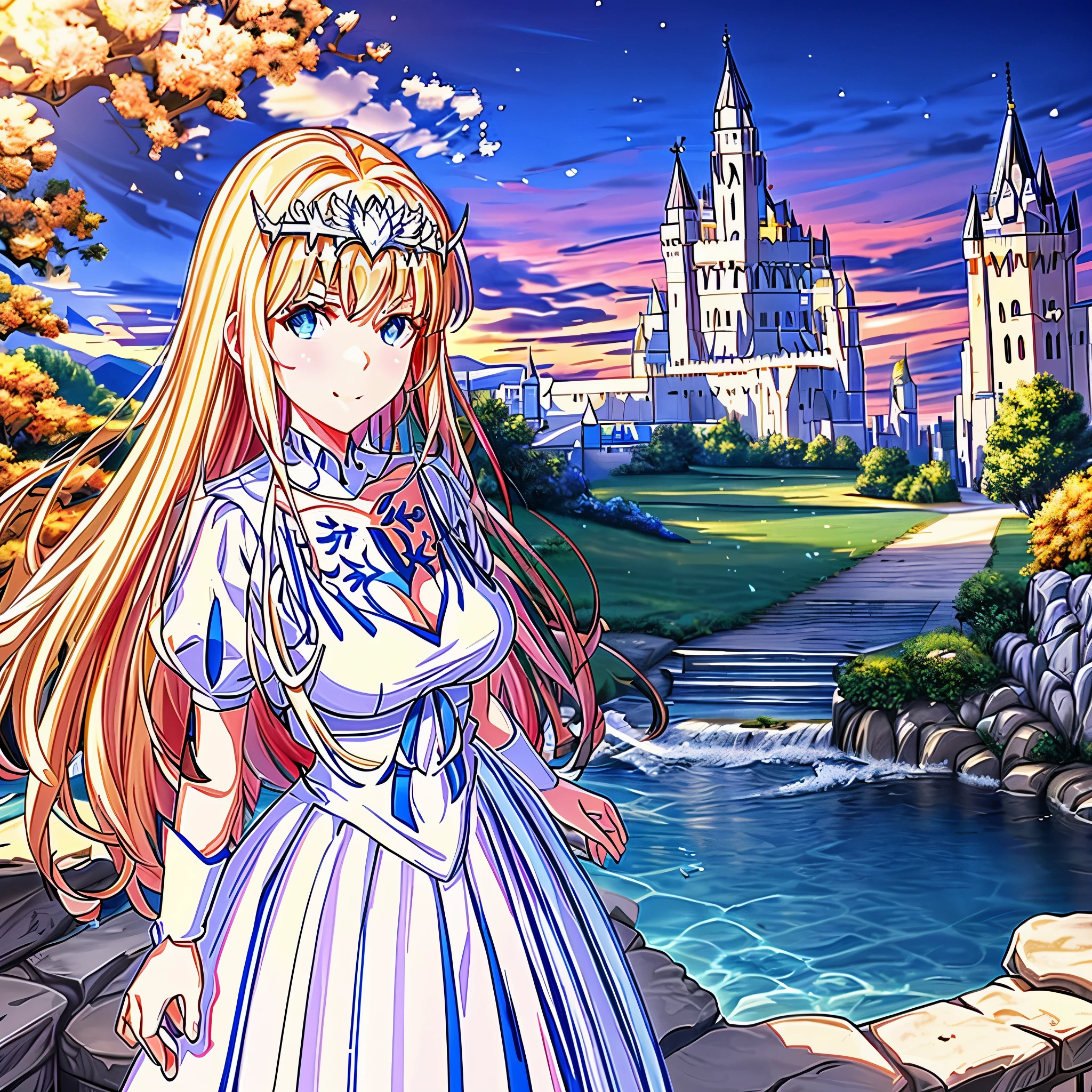 Best Quality, masterpiece,  , JSmile, wrist scrunchie, middle age castle background, Scrunchie, cleavage, , blush, 1angel, solo, Calca, Calca Bessarez, blonde hair, extremely long hair, very long hair, white tiara, white dress, blue eyes, medium chest, very huge white wings