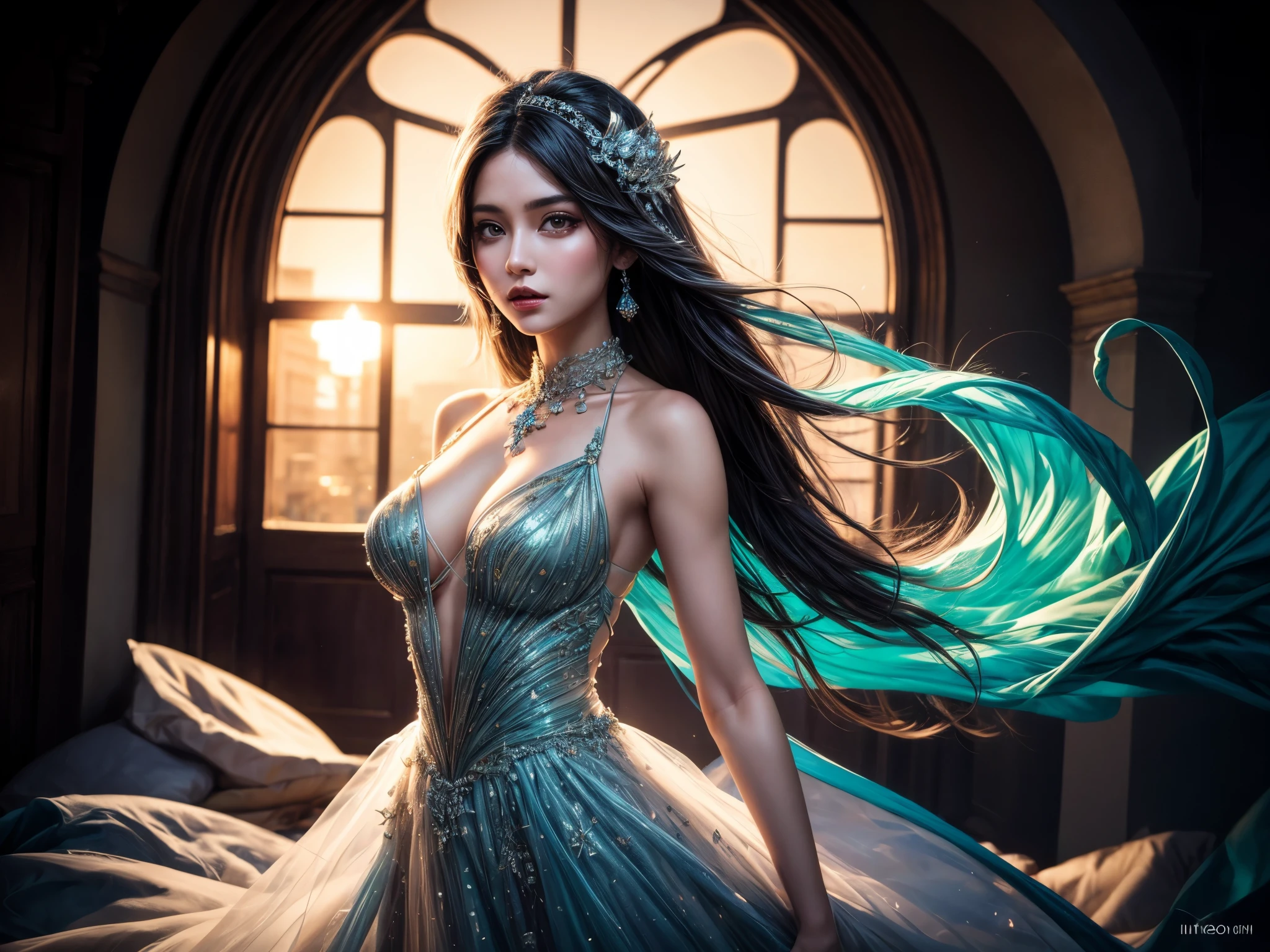 Tyndall Effect, illustration, vibrant colors, soft lighting, glowing skin, delicate details, flowing dress