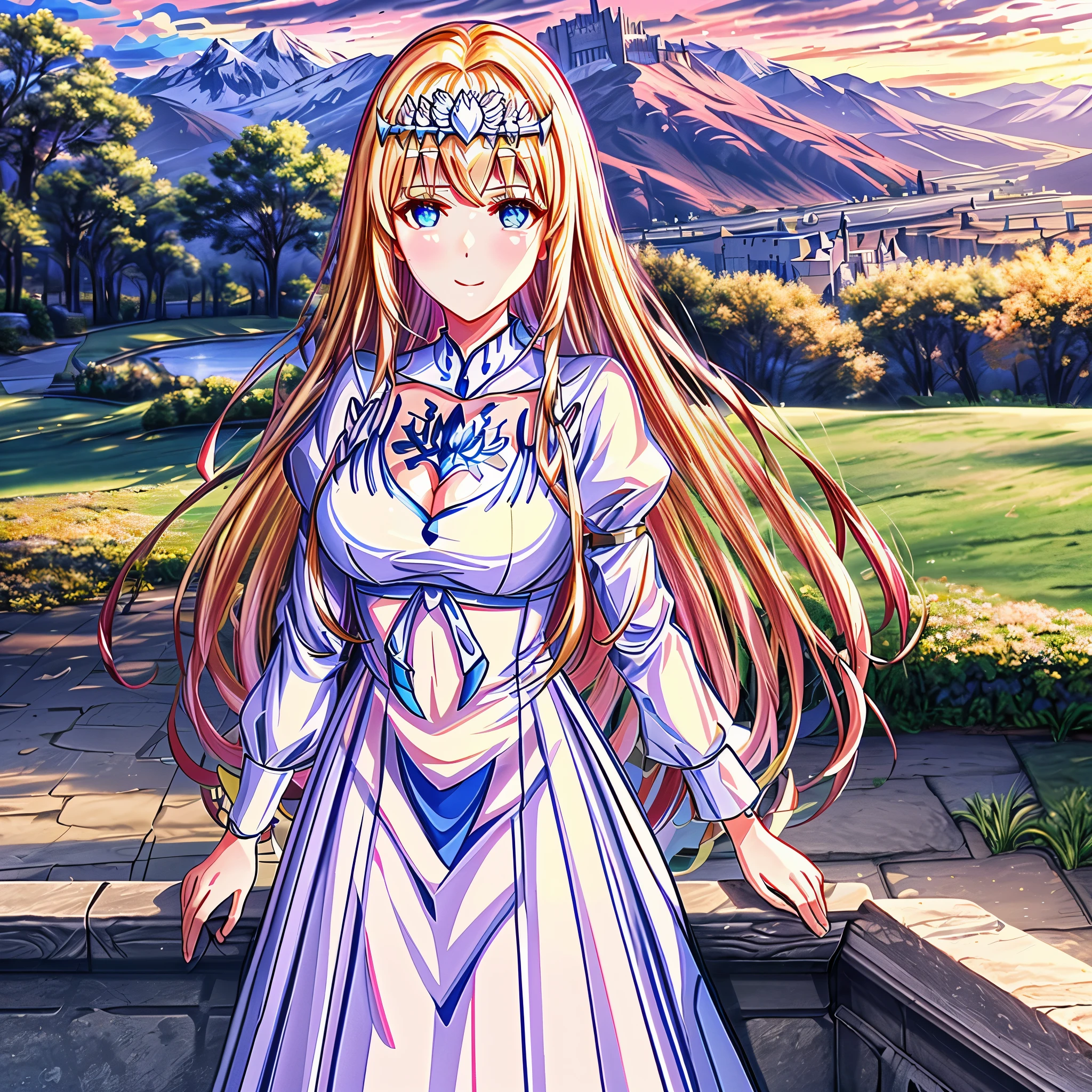 Best Quality, masterpiece,  , JSmile, wrist scrunchie, middle age castle background, Scrunchie, cleavage, , blush, 1angel, solo, Calca, Calca Bessarez, blonde hair, extremely long hair, very long hair, white tiara, white dress, blue eyes, medium chest, very huge white wings