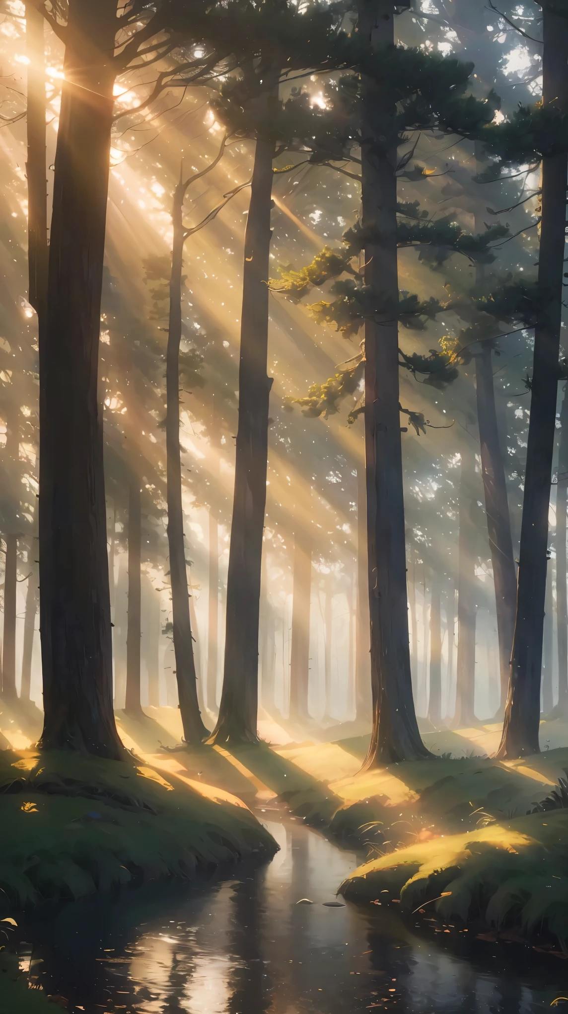  This photograph captures the ethereal beauty of a forest under the light, showcasing the Tyndall effect. As the sun shines through the trees, water vapor creates a mystical atmosphere. The distant glow adds to the intrigue of this enchanted forest, making it a perfect setting for exploration and adventure.