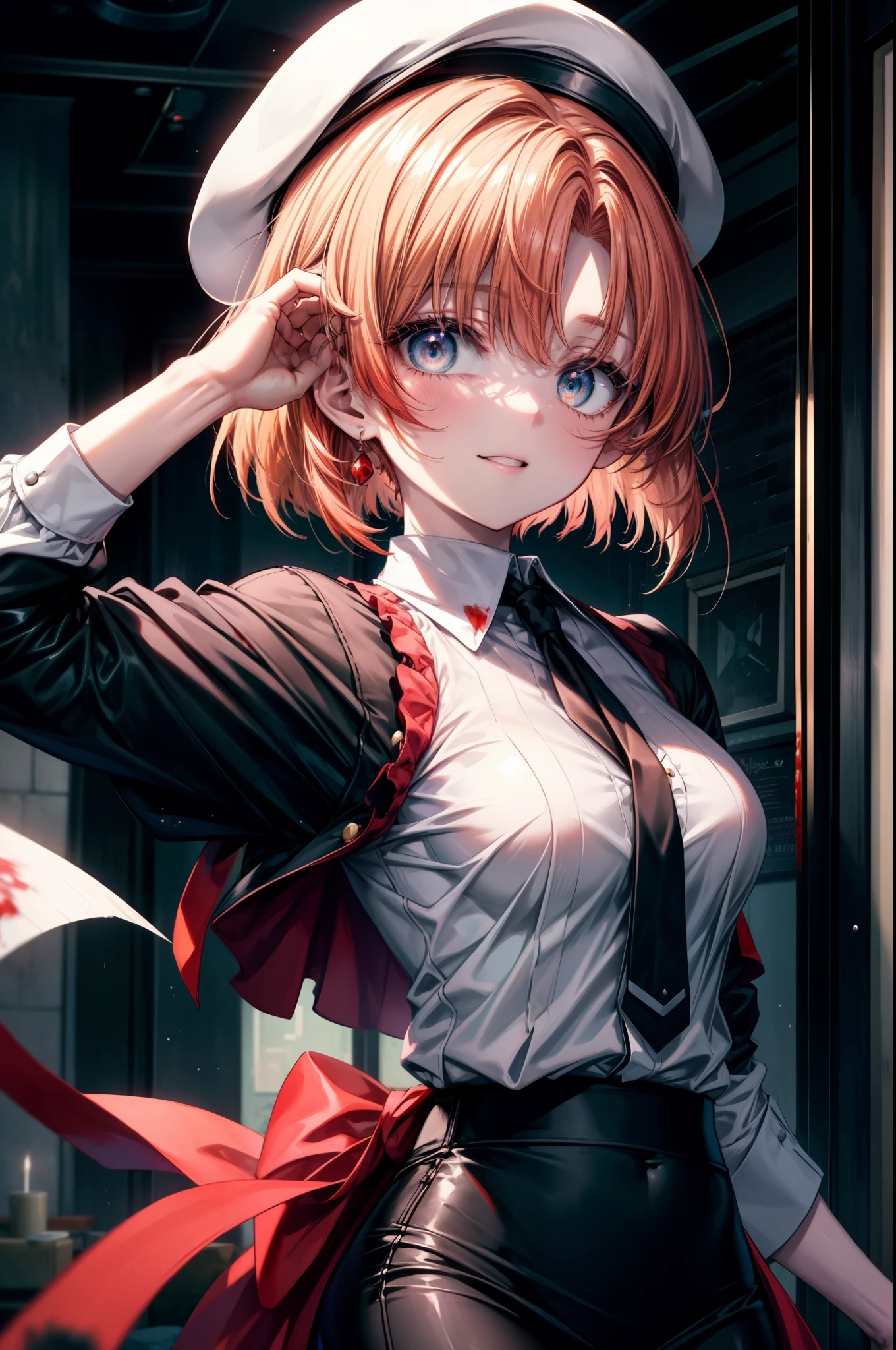Rena Ryugu, rena ryuuguu, orange hair, short hair, hair blue eyes, smile, grin and laugh,bloody beret,bloody,blood droplets,There was a lot of blood all over the room.,creepy laughter, dead eyes,Psychopath horror,bloody clothes,blood drops,Spooky,Murder scene, serial killer, bathed in blood,Clothes with blood on them,black suit jacket with blood on it, bloody collared jacket,Bloodstained white dress shirt, shirt with blood on the collar, neckline, button, strap, ID card on neck, bloody black pencil skirt,bloody black pantyhose, looking at the viewer, big breasts,holding a bloody knife grip,
break looking at viewer,
break indoors, office,
break (masterpiece:1.2), highest quality, High resolution, unity 8k wallpaper, (figure:0.8), (detailed and beautiful eyes:1.6), highly detailed face, perfect lighting, Very detailed CG, (perfect hands, perfect anatomy),