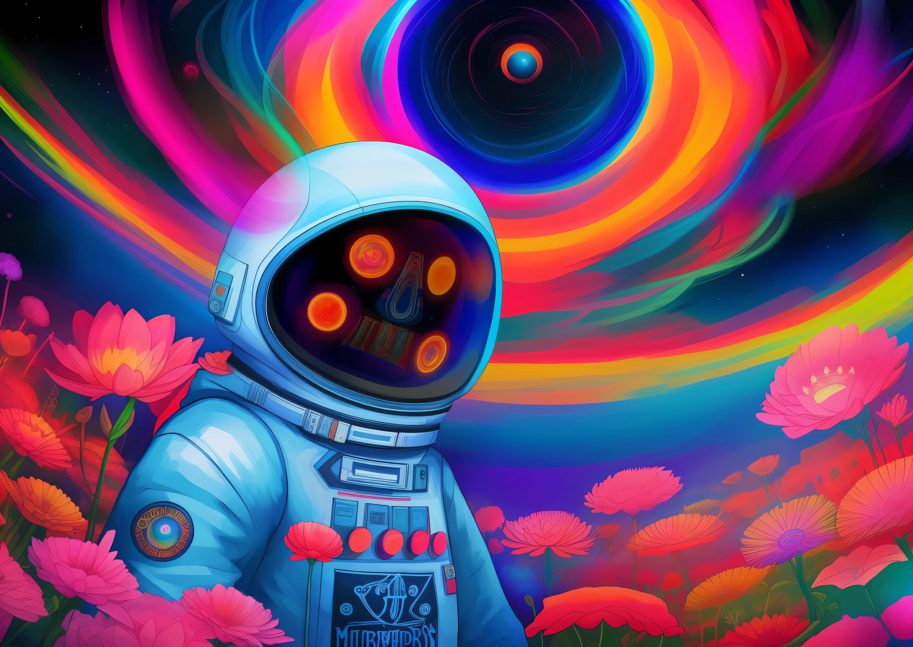 Close-up of a man in a space suit and a field of flowers, Psychedelic Cosmic Horror, psychedelic aesthetic, cosmic lsd poster art, psychedelic bright colors, psychedelic art, Inspired by Dan Mumford, psychedelic atmosphere, trippy visuals, in the style and Mumford artwork, cosmic and colorful, ( ( ( ( ( and Mumford ) ) ) ) )
