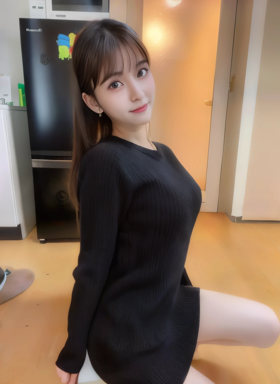 araffe woman in a black sweater and white tights posing for a picture, Yoshitomo Nara, gorgeous young korean woman, korean girl, 2 4 year old female model, wears tight and simple clothes, Chiho, sakimichan, 19 year old girl, beautiful young korean woman, good young girl, black sweater