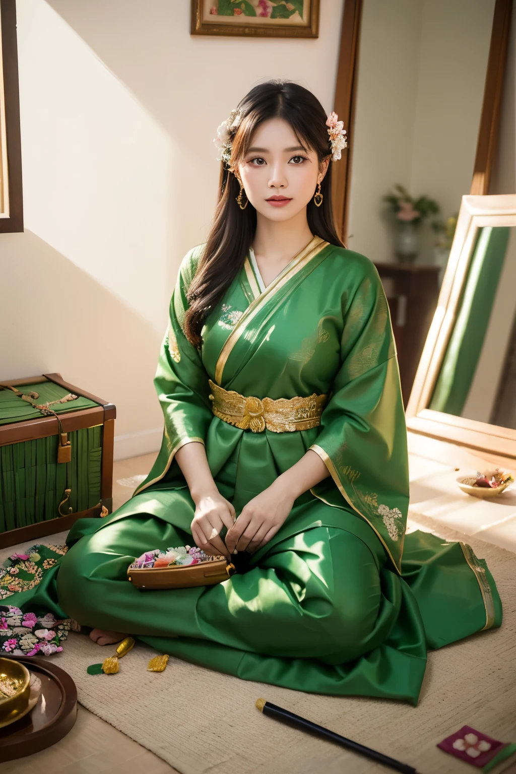 Thai woman sitting in front of mirror wearing green traditional dress. Artwork by Rennovls 2 amidst dynamically interesting cameras. Among the Thai New Year decorations Various flowers and cosmetics Scattered on the ground and debris. beautiful, realistic details, studio lighting.