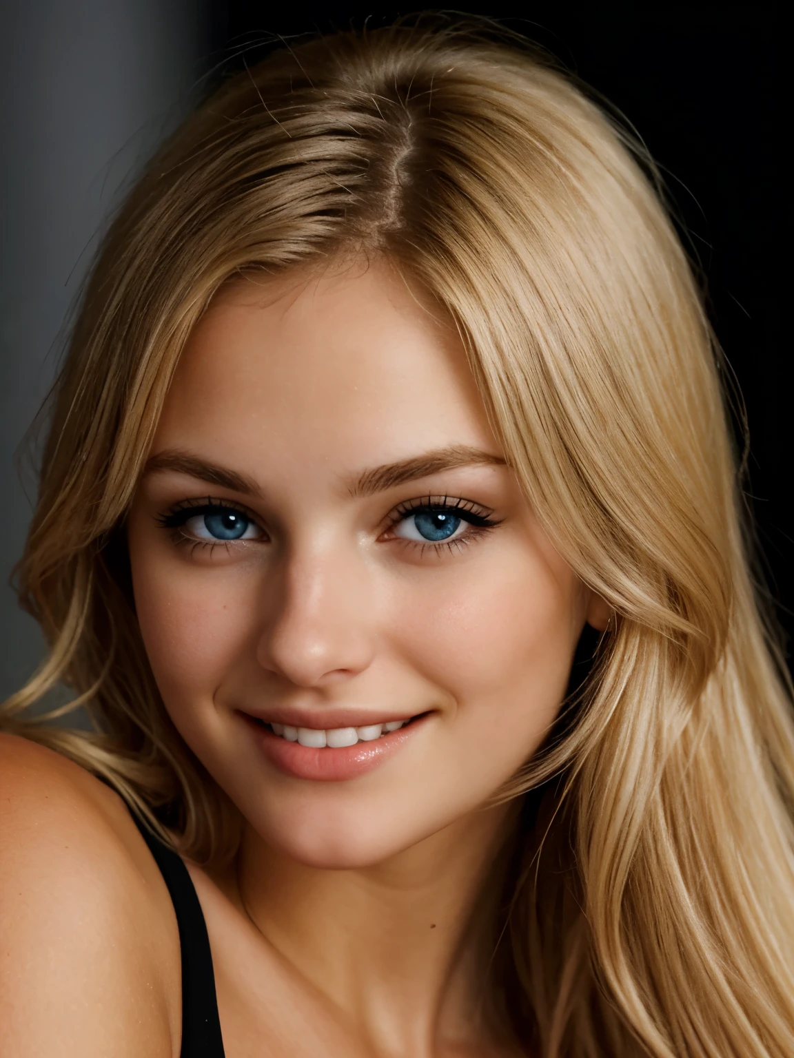 Close-up dark upper body shot of a blonde girl with perfect eyes., smile, dark background
