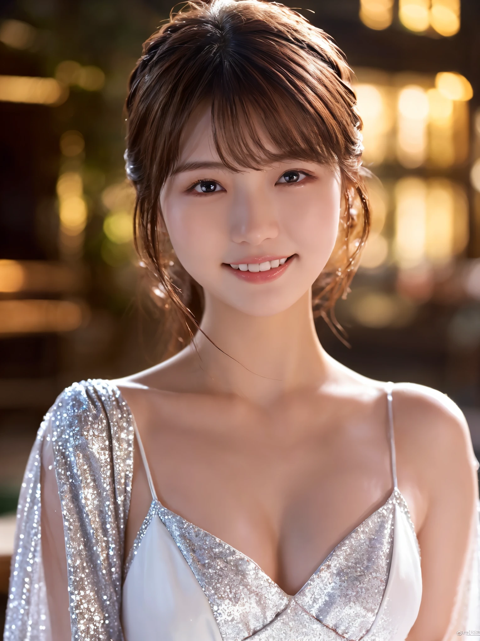 1 girl, (wearing a white glitter dress:1.2), (RAW photo, highest quality), (realistic, Photoreal:1.4), table top, very delicate and beautiful, very detailed, 2k wallpaper, wonderful, finely, very detailed CG Unity 8K 壁紙, super detailed, High resolution, soft light, beautiful detailed girl, very detailed目と顔, beautifully detailed nose, detailed and beautiful eyes, cinematic lighting, night city lights, perfect anatomy, slender body, smile