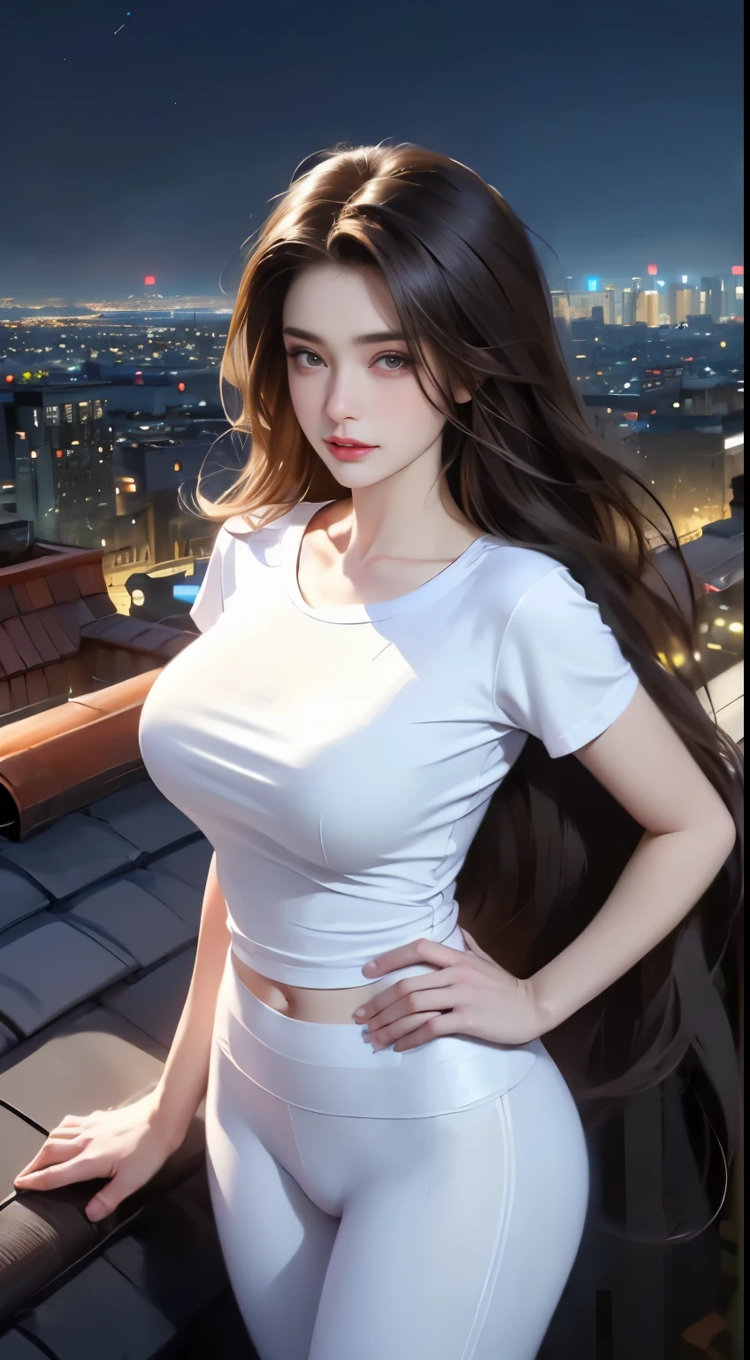 ((Best quality, 8k, Masterpiece :1.3)), Whole body, Long legs, Sharp focus :1.2, A pretty woman with perfect figure :1.4, Slender abs :1.1, ((Dark brown layered hair, Big breasts :1.2)), (White tight tshirt, Leggings, Standing:1.2), ((Night city view, Rooftop:1.3)), Highly detailed face and skin texture, Detailed eyes, Double eyelid