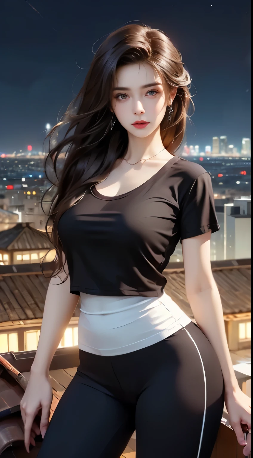 ((Best quality, 8k, Masterpiece :1.3)), Whole body, Long legs, Sharp focus :1.2, A pretty woman with perfect figure :1.4, Slender abs :1.1, ((Dark brown layered hair, Big breasts :1.2)), (White tight tshirt, Leggings, Standing:1.2), ((Night city view, Rooftop:1.3)), Highly detailed face and skin texture, Detailed eyes, Double eyelid