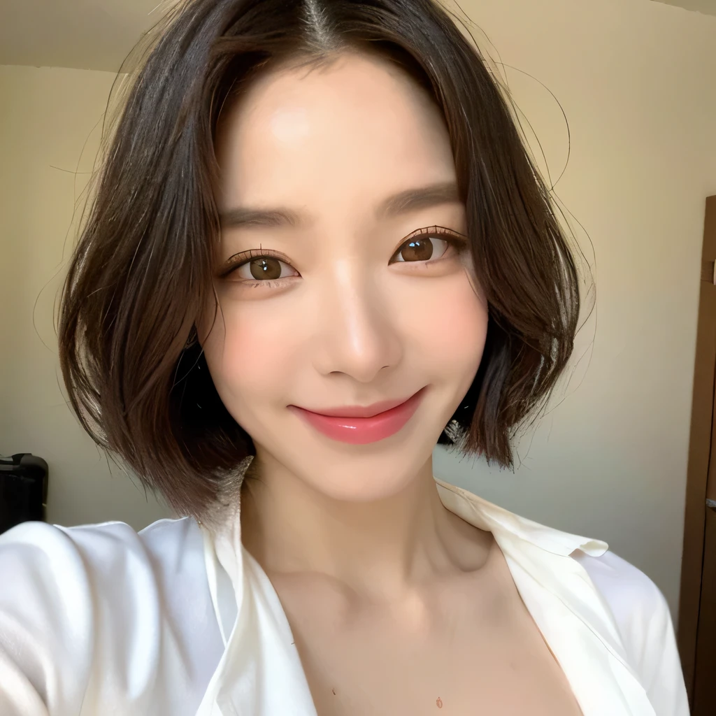 ((highest quality, 8k, masterpiece: 1.3)), sharp focus: 1.2, beautiful woman with perfect figure: 1.4, slim abs: 1.2, (short hairstyles,: 1.2)), (wet white button long shirt: 1.3), rain: 1.3, street of night: 1.2, wet body: 1.1, night、 Highly detailed face and skin texture, fine eyes, double eyelid, big breasts, smile, Show your collarbone、beautiful clavicle、Berry Short、