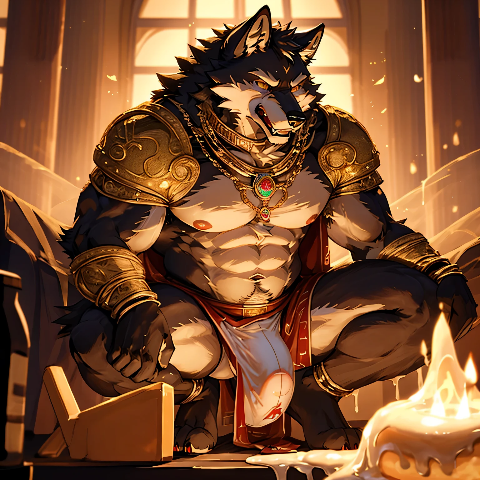 gray crying wolf、angry expression、gray fur wolf、wolf face and body、tied to a chair with a rope、abnormally developed muscles、silver mane、Belly so hairy that you can't see the skin、large amount of pubic hair、Hair around the navel、Overflowing armpit hair、golden eyes、huge bulge in the crotch、Crotch about to burst、A large amount of drool overflowing from the mouth、Composition looking up from below、drenched whole body、a large amount of spilled milk、very large amount of white slime、A white loincloth that is about to be taken off、gold necklace、jewelry bangles、decorative armor、Huge penis outline、royal palace background、sparkling effect、sideways face