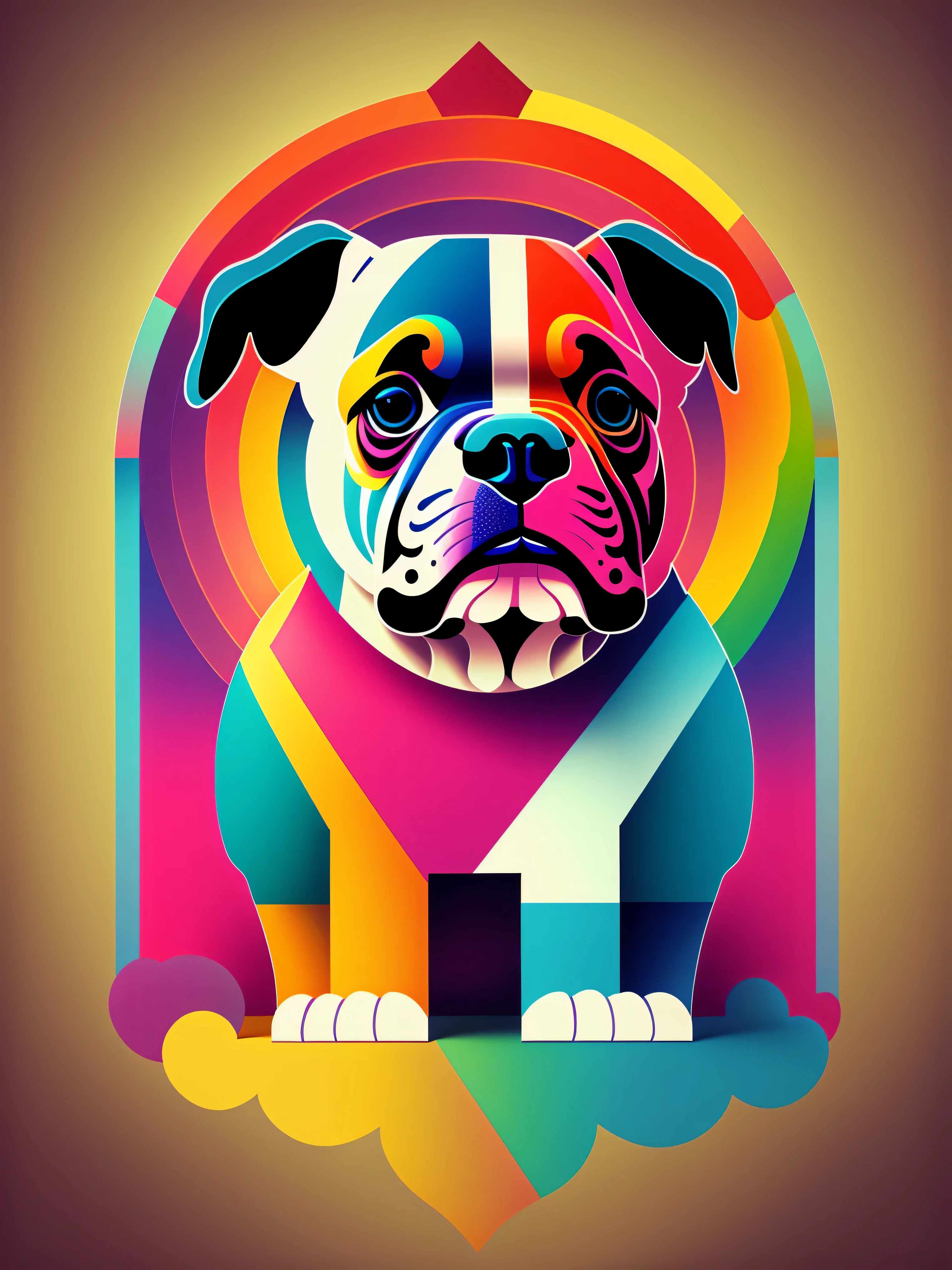 1 Bulldog，Abstract surreal colors， Stylish Geometric Surrealism， rainbow， paper cutting， clouds