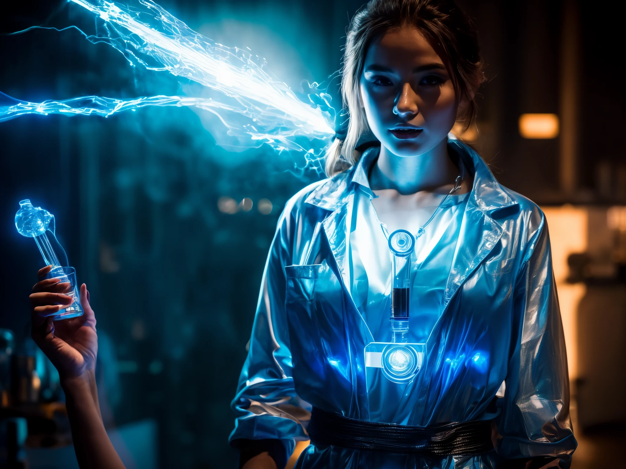 (best quality,4k,8k,highres,masterpiece:1.2),ultra-detailed,realistic:1.37,portrait,science fiction,blue color palette,soft lighting,the girl standing in front of a futuristic laboratory, wearing a white lab coat, mesmerizing blue eyes, intricate braided hair, a delicate silver necklace with a pendant resembling a molecule, she holds a glass flask filled with a translucent blue liquid, her fingers gently wrapped around it, the Tyndall Effect in action, creating a beautiful scattering of light particles in the air around her, her pose exudes confidence and intelligence, the laboratory is filled with high-tech equipment, holographic displays and glowing screens, the atmosphere is electric with scientific possibilities.