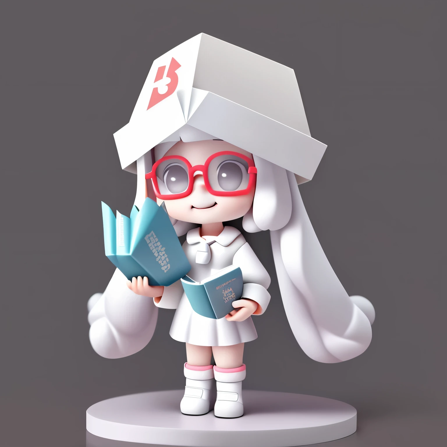 Bubble Mart blind box style,A cute little girl who loves to laugh,Read with glasses on,Wearing a white box-shaped hat,princess cut hairstyle,Off-white hair,Wearing dark gray skirt and boots
