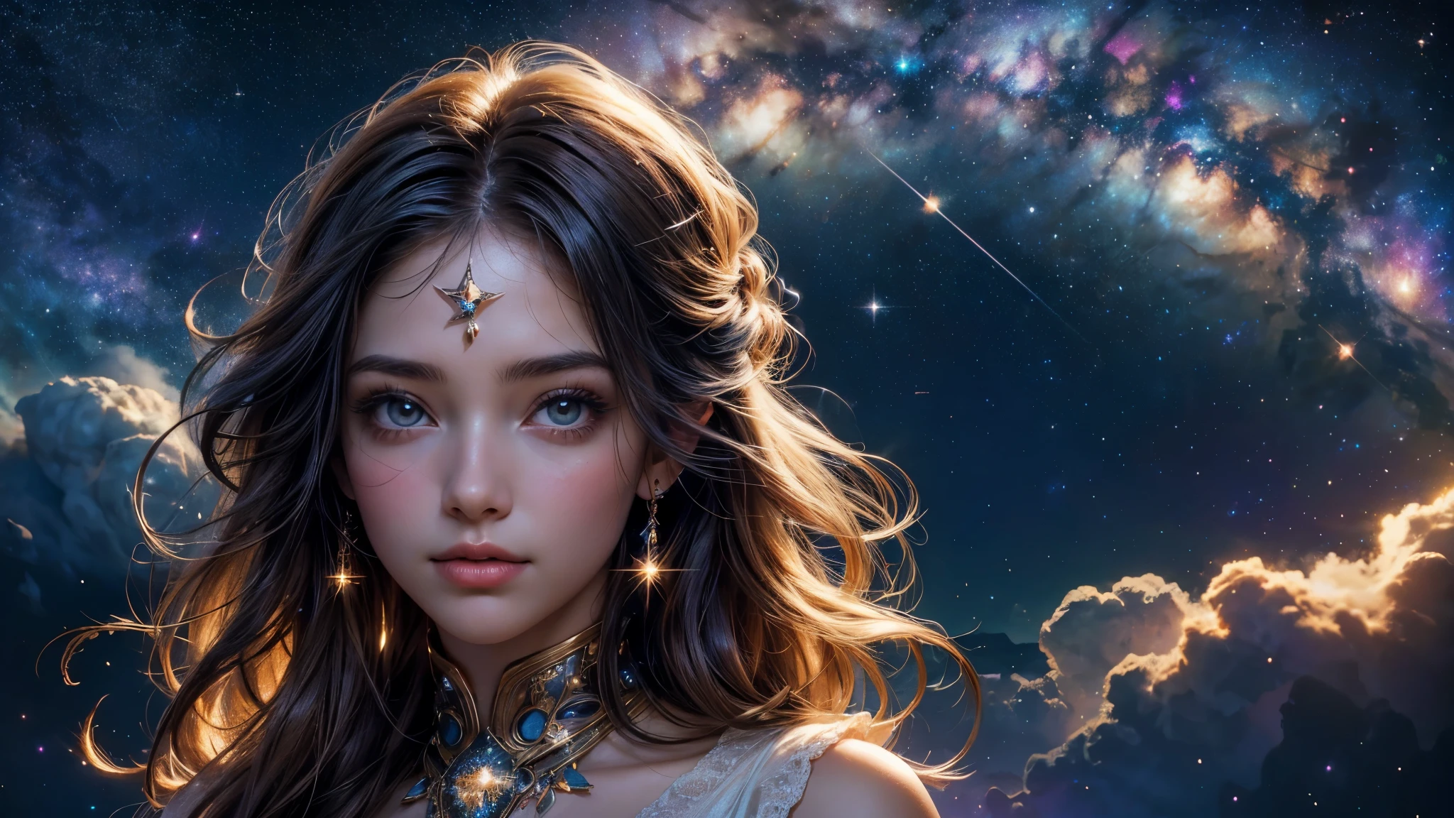 High detail, super detail, super high resolution, girl enjoying her time in the dream galaxy, surrounded by stars, warm light sprinkled on her, background is starry sky with colorful galaxies and galaxy clouds, stars flying around her, delicate face, adding playful atmosphere ,