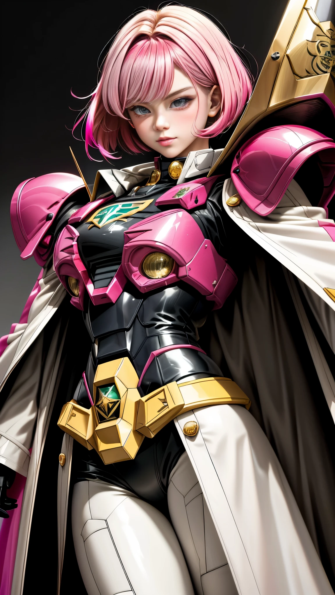 Realistic Red Sotheby Girl Photo,short bob cut,Her hair color is bright pink and has a gradation with blonde.,cool look,background is gray,Coat of arms of the Principality of Zeon,The 16-year-old daughter of Hamankarn and Char Aznable.,