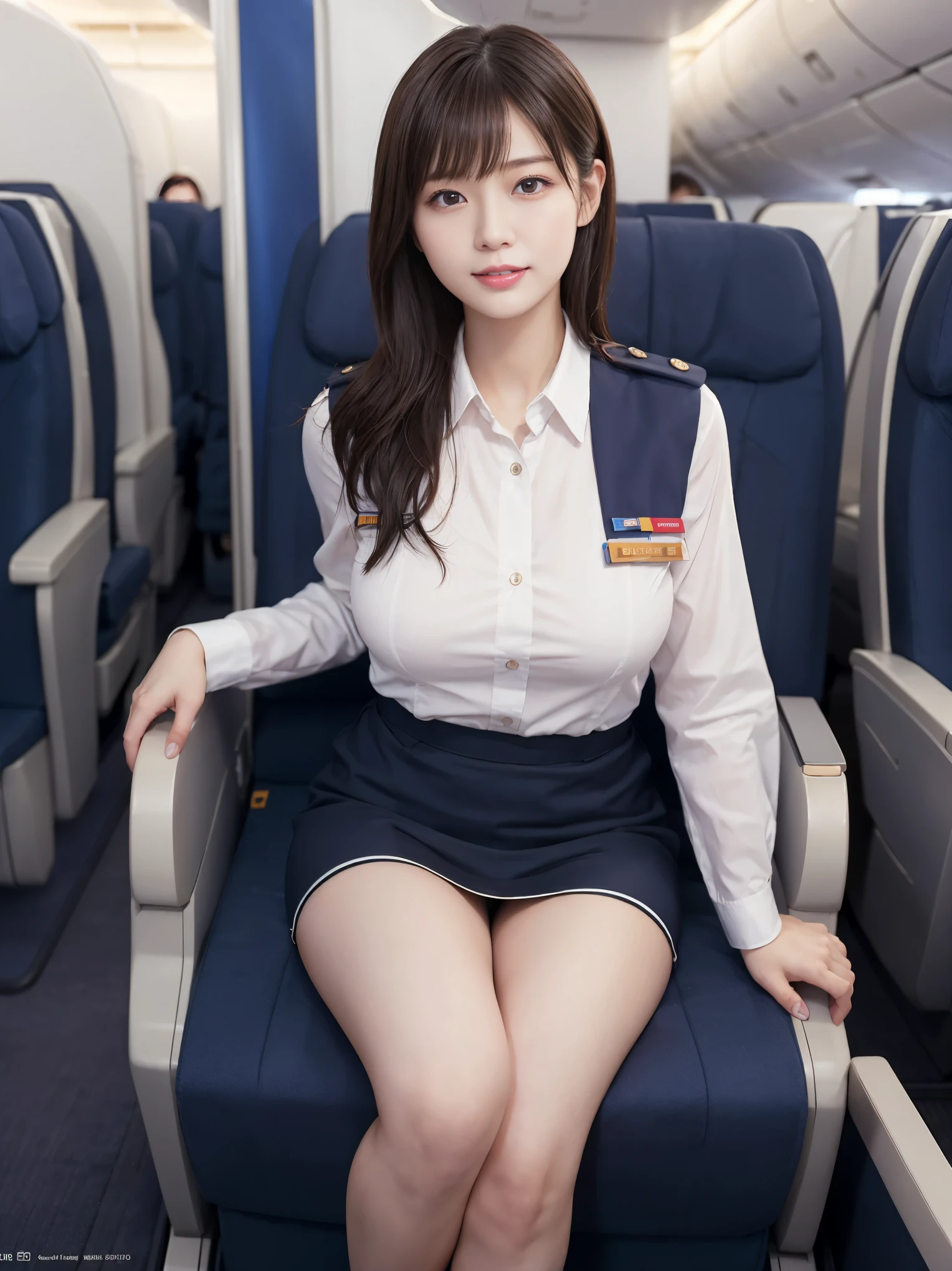 1 female, 40 years、very detailed顔、lip details、detailed eye、double eyelid、(black bob hair、Like an airplane stewardess々please do a good job)、(stewardess uniform:1.2)、(glamorous body)、(big breasts)、smile、thighs thighs thighs, Exactly, perfect image realism, With background: (airplane business class aisle:1.2), cowboy shot, detailed background, detailed costume, perfect lighting、hyper realism、(Photoreal:1.4)、8K maximum resolution, (masterpiece), very detailed, Professional